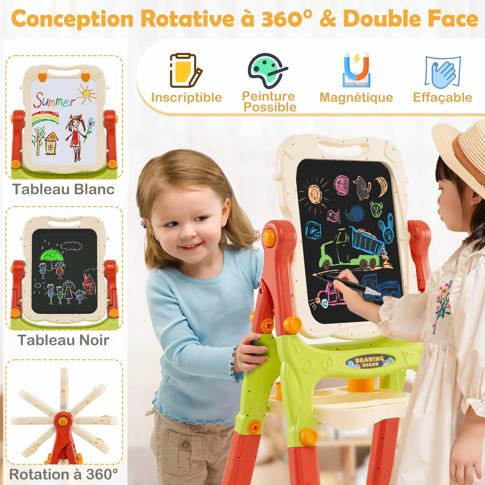 COSTWAY Tableau Enfant Double Face Chevalet avec Hauteur Réglable, Plateau Rangement 2 Pots, Pivotant 360° 3 Ans+ Orange