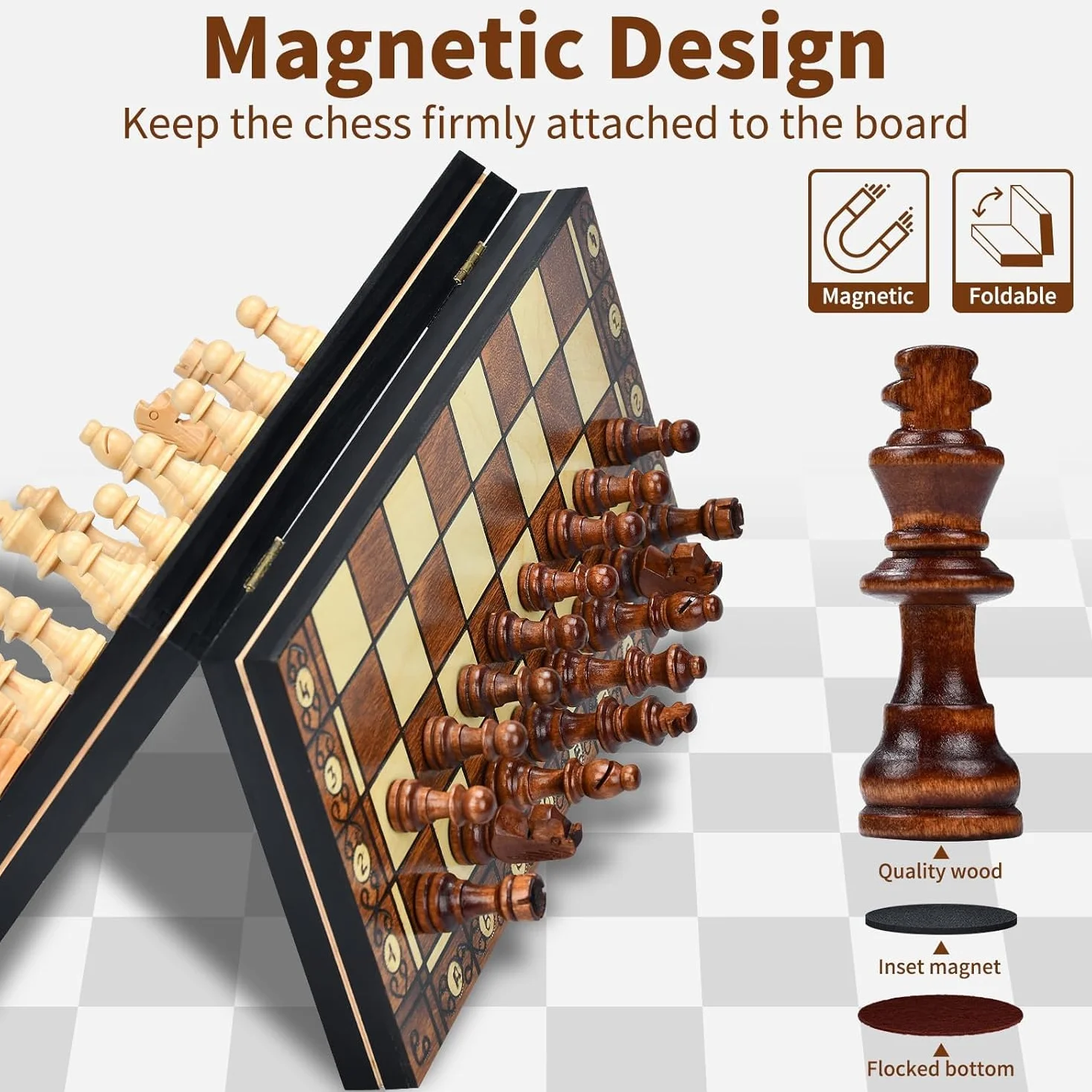 Jeu d'Échecs 2 en 1, Échiquier Magnétique en Bois Pliable avec Rangement, 29x29 cm