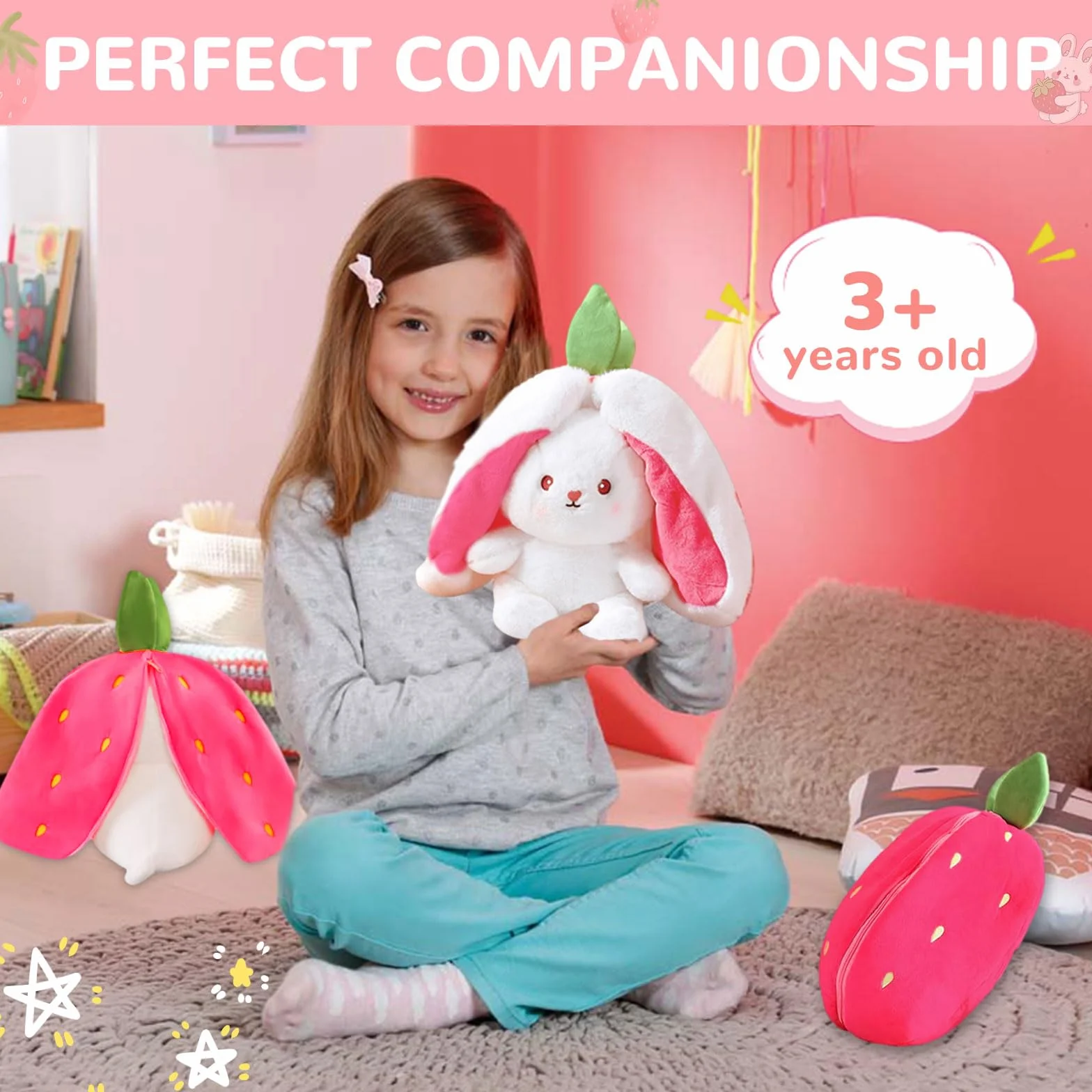 TOGETDREAM Lapin de Pâques 25cm Peluche Douceur Carottes Fraises Oreiller Enfants Rose