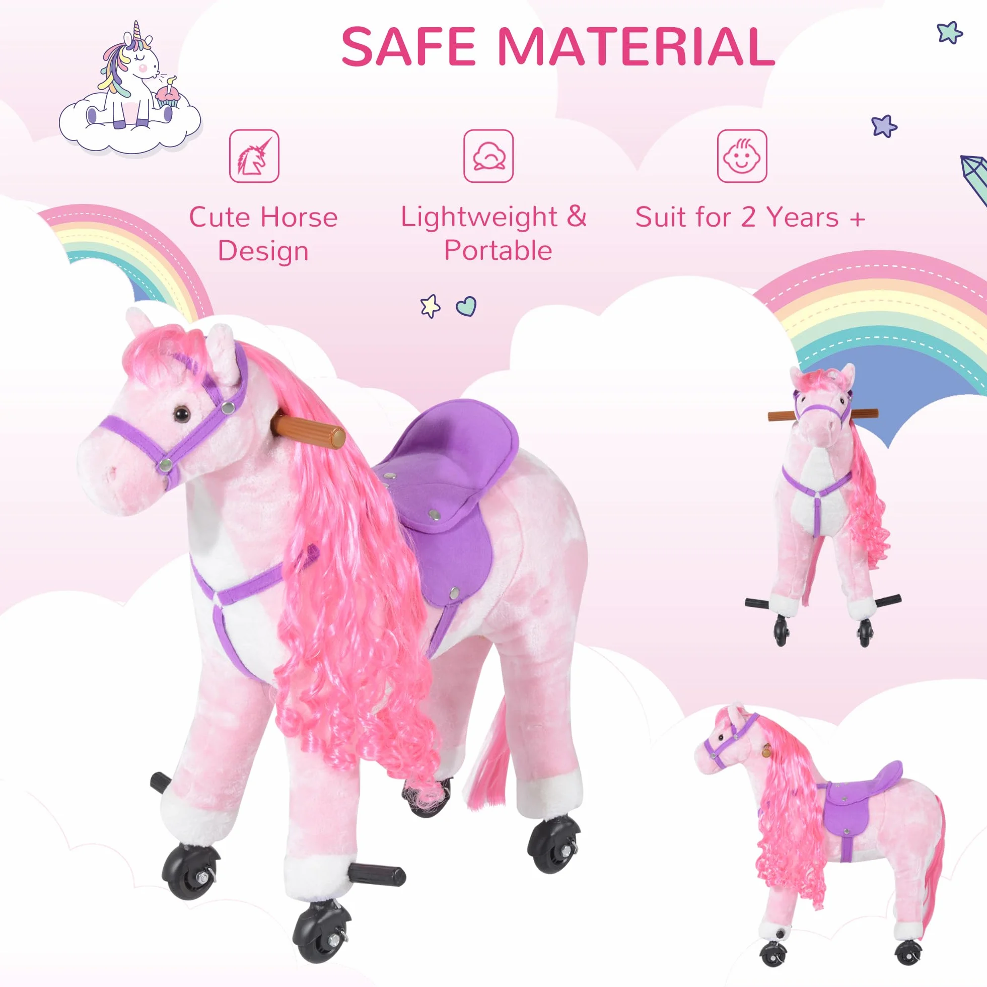HOMCOM Cheval à bascule pour enfants 3+ ans 4 roues sons réalistes rembourré repose-pieds 65x28x75 cm rose
