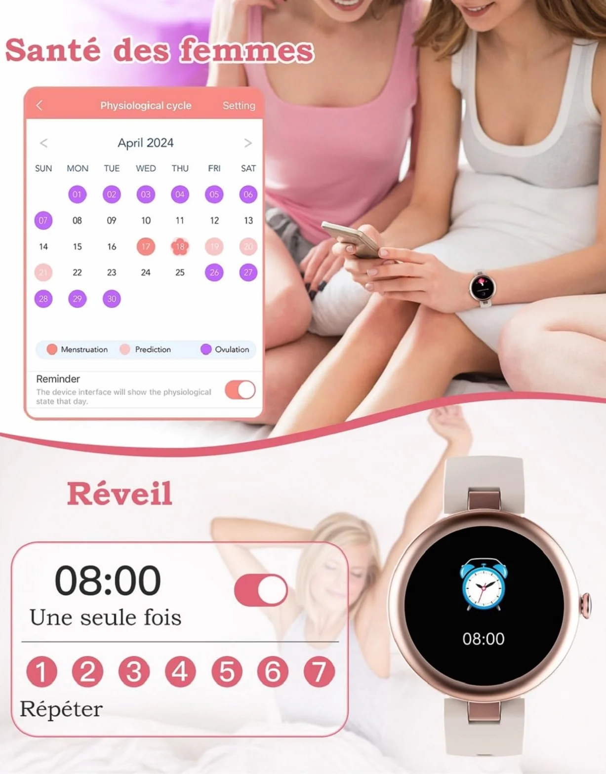 Montre Connectée Femme Ronde Petite Smartwatch avec Appel Bluetooth Cardiofrequencemetre Oxymetre IP68 pour Android iOS