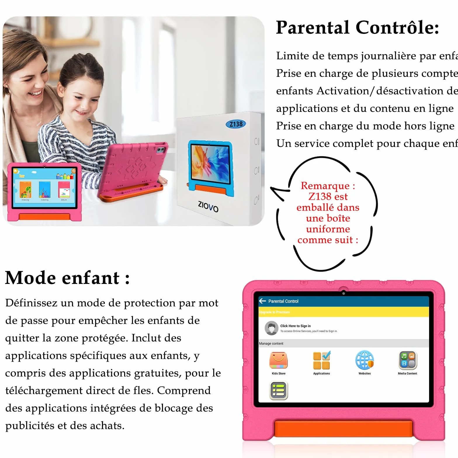 ZIOVO Tablette Enfants 10 Pouces Android 14 Tablette,20Go RAM+128Go ROM(TF 1To),Widevine L1,WiFi 6 Tablette Tactile,Octa-cœur, 6000mAh | 5+8MP | BT 5.0 | Contrôle Parental Tablettes avec EVA Cas-Rose.
