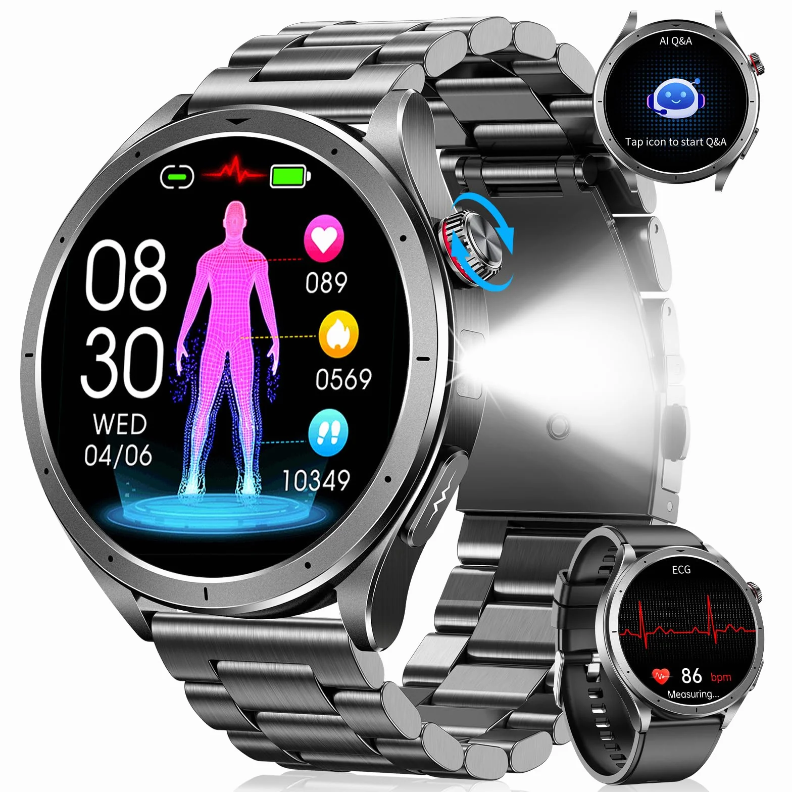 Montre Connectée Homme ECG+HRV Smartwatch Tension Artérielle Fréquence Cardiaque 5ATM Étanche Noir