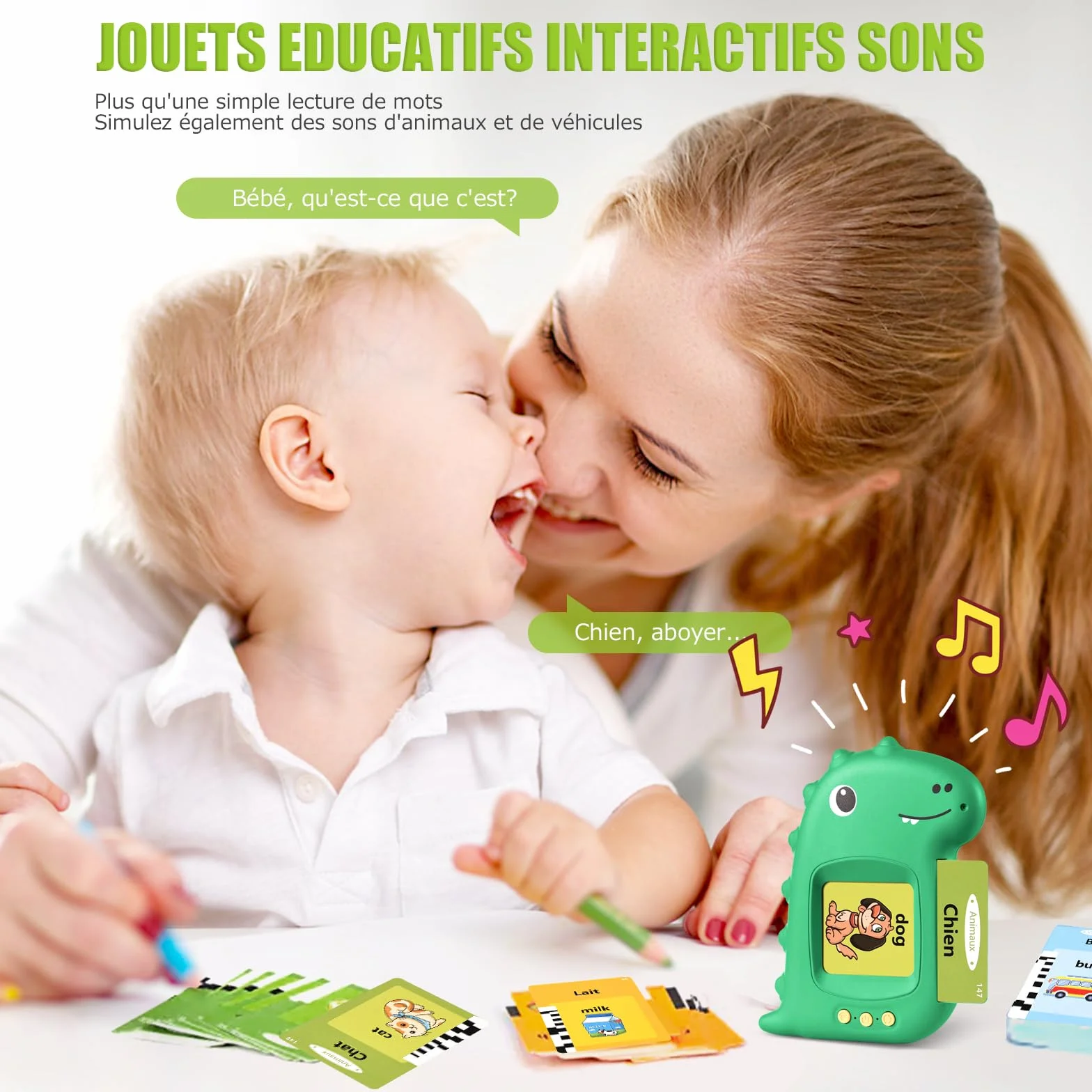 Cartes Flash Parlantes Éducatives 112 Feuilles 224 Mots Montessori Jouets pour Enfants 2-6 Ans Vert Français