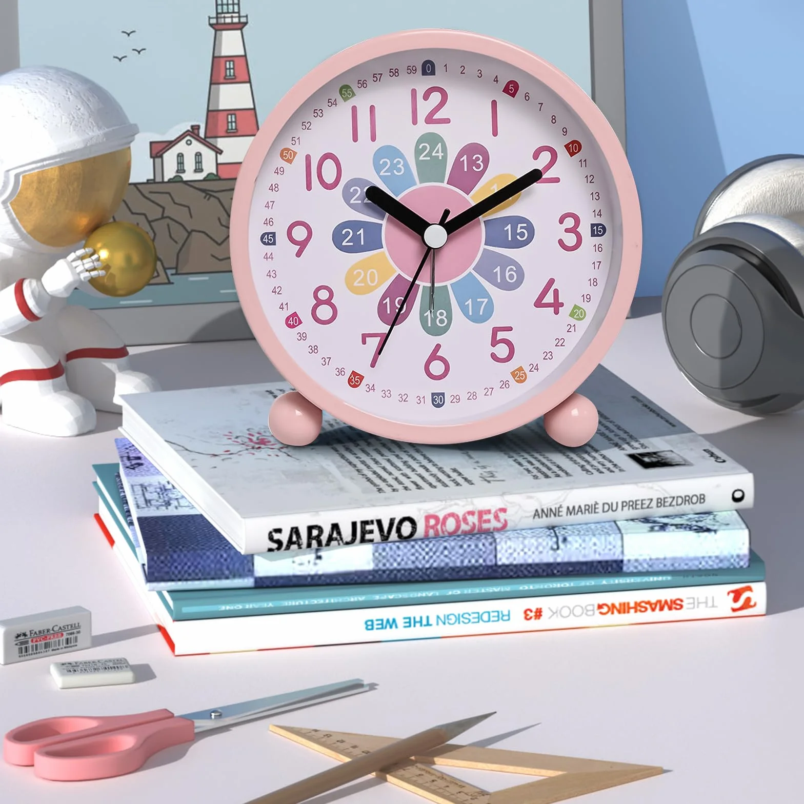 Réveil Numérique Enfants Sans Tic-Tac Éducatif Analogique Quartz Veilleuse Piles Rose