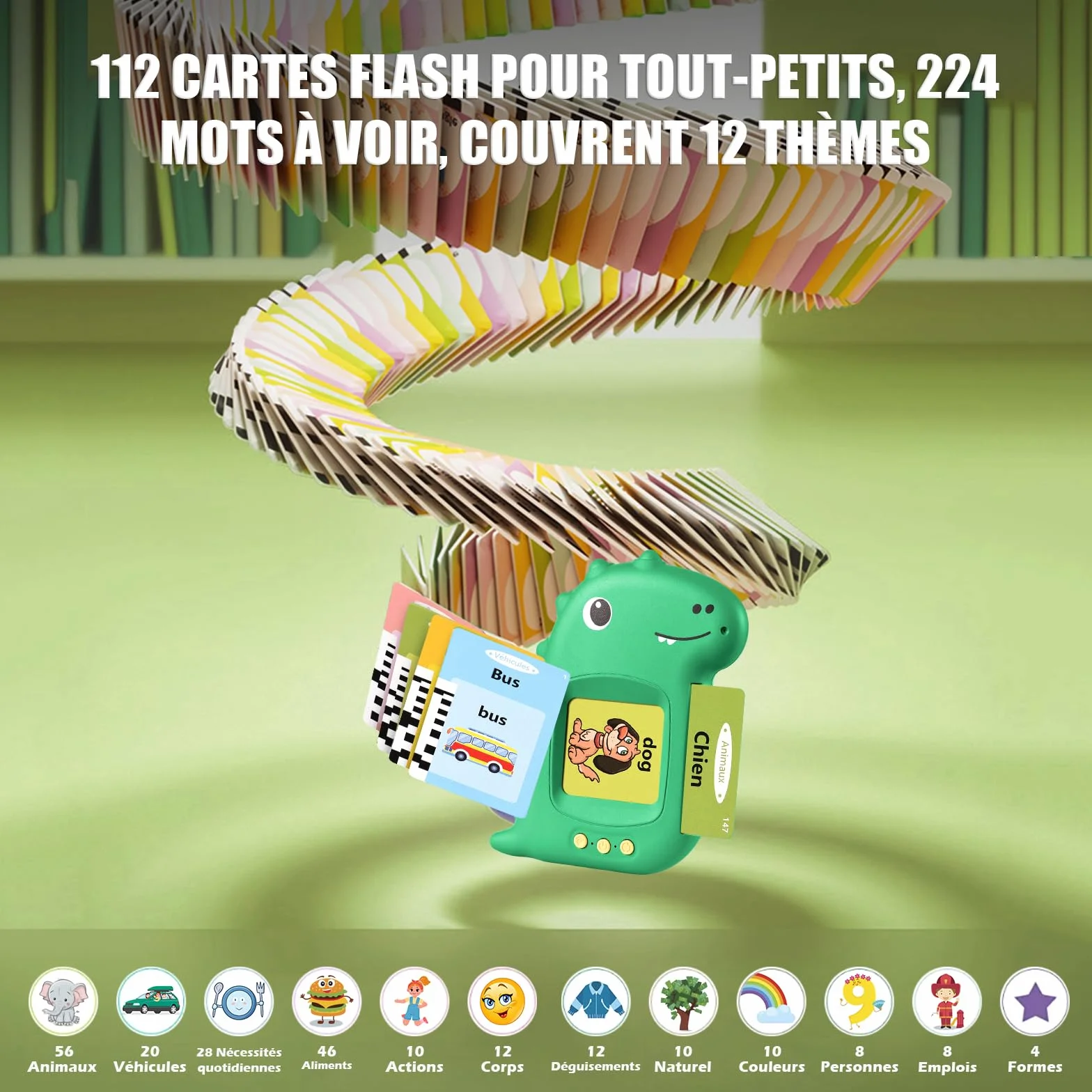 Cartes Flash Parlantes Éducatives 112 Feuilles 224 Mots Montessori Jouets pour Enfants 2-6 Ans Vert Français