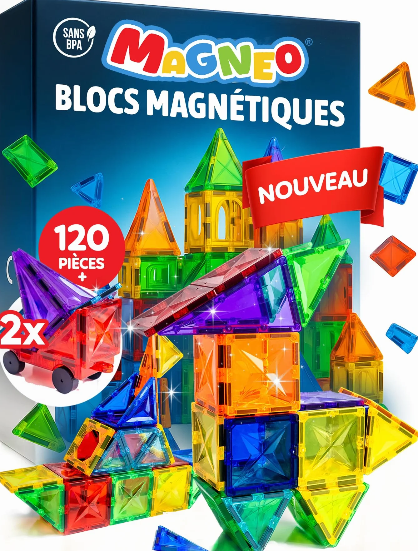 Blocs Magnétiques 120 Pièces avec 2 Voitures Jeu de Construction Enfant 3 Ans