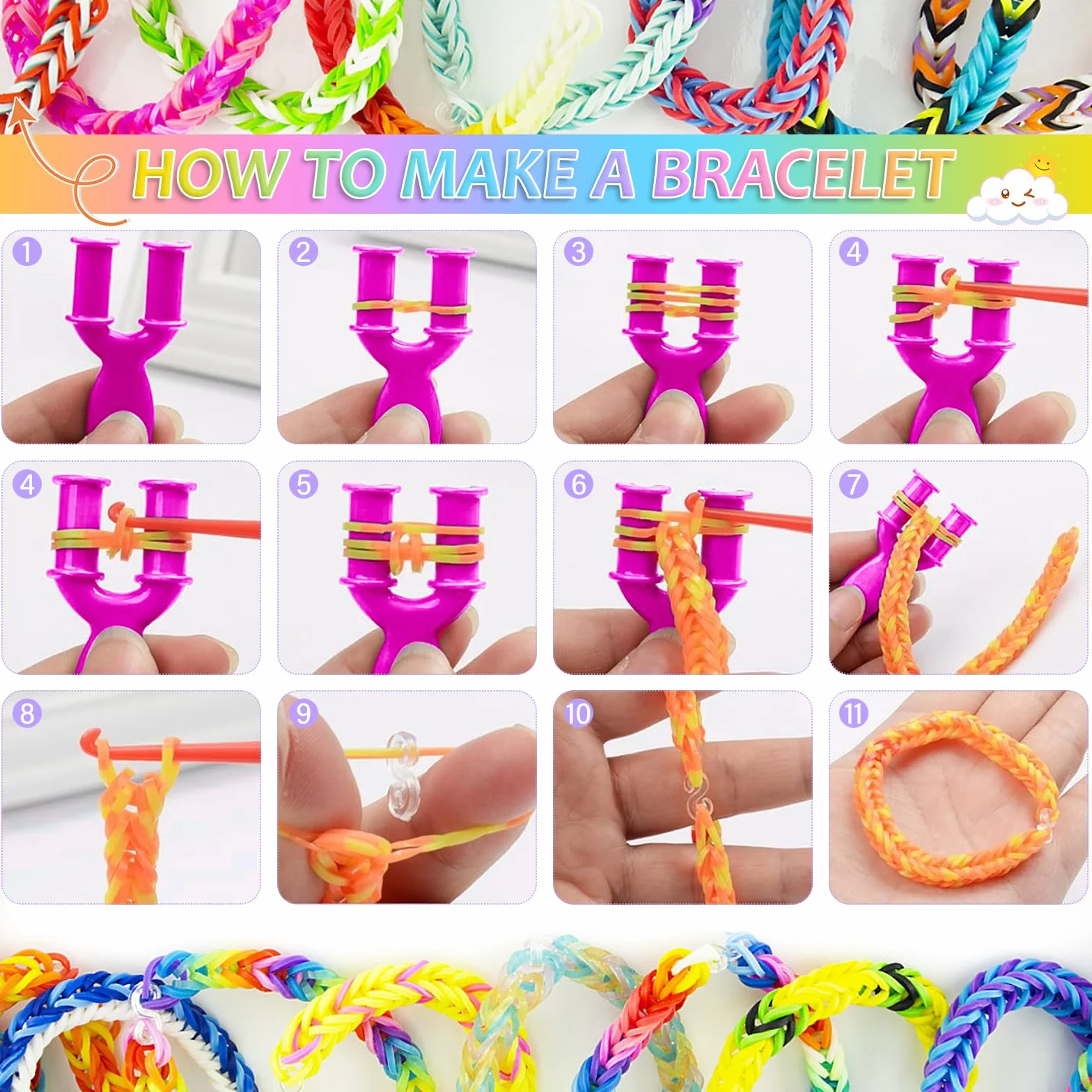 AOKITO 2500 Bracelet Kit Élastique 32 Couleurs Loom Bands avec Pendentifs Clips Perles Boîte Rangement Enfant