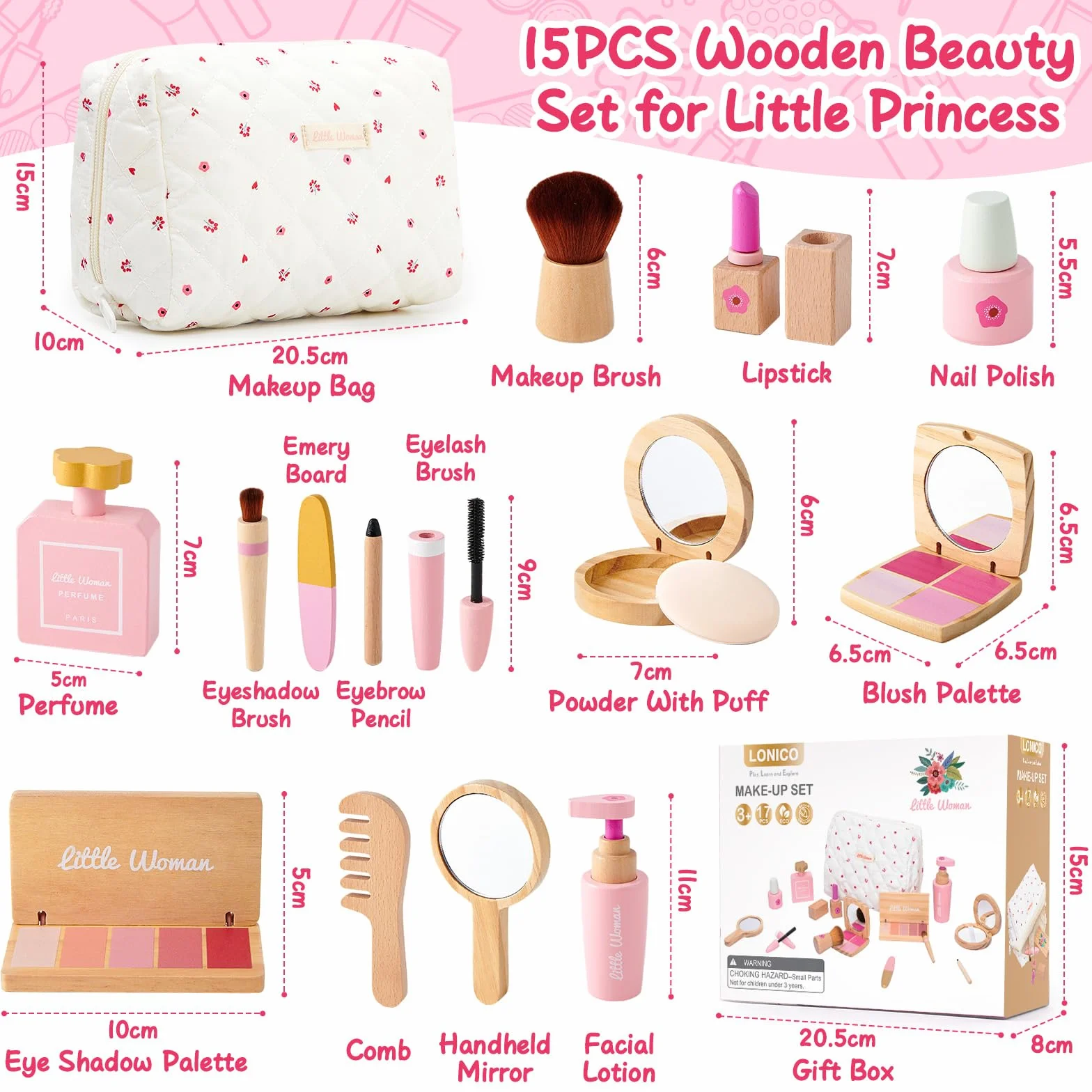 Coffret Maquillage Enfant Fille en Bois Jouet Maquillage Malette Accessoires Jeux Princesse Cadeau 3-8 Ans
