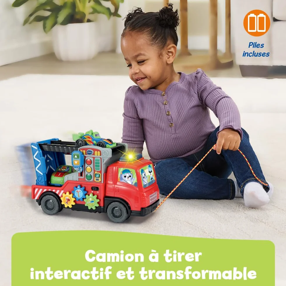 VTech Super Camion Dépannage Interactif Jouet à Tirer 3 en 1 Camion Transporteur de Voitures Dépanneuse Enfant