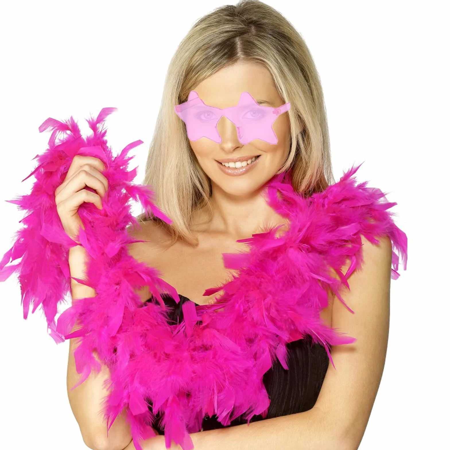 Boa en Plumes Roses avec Lunettes en Forme d'Étoiles et de Cœur, Déguisement Fête Carnaval Cosplay Halloween 200CM