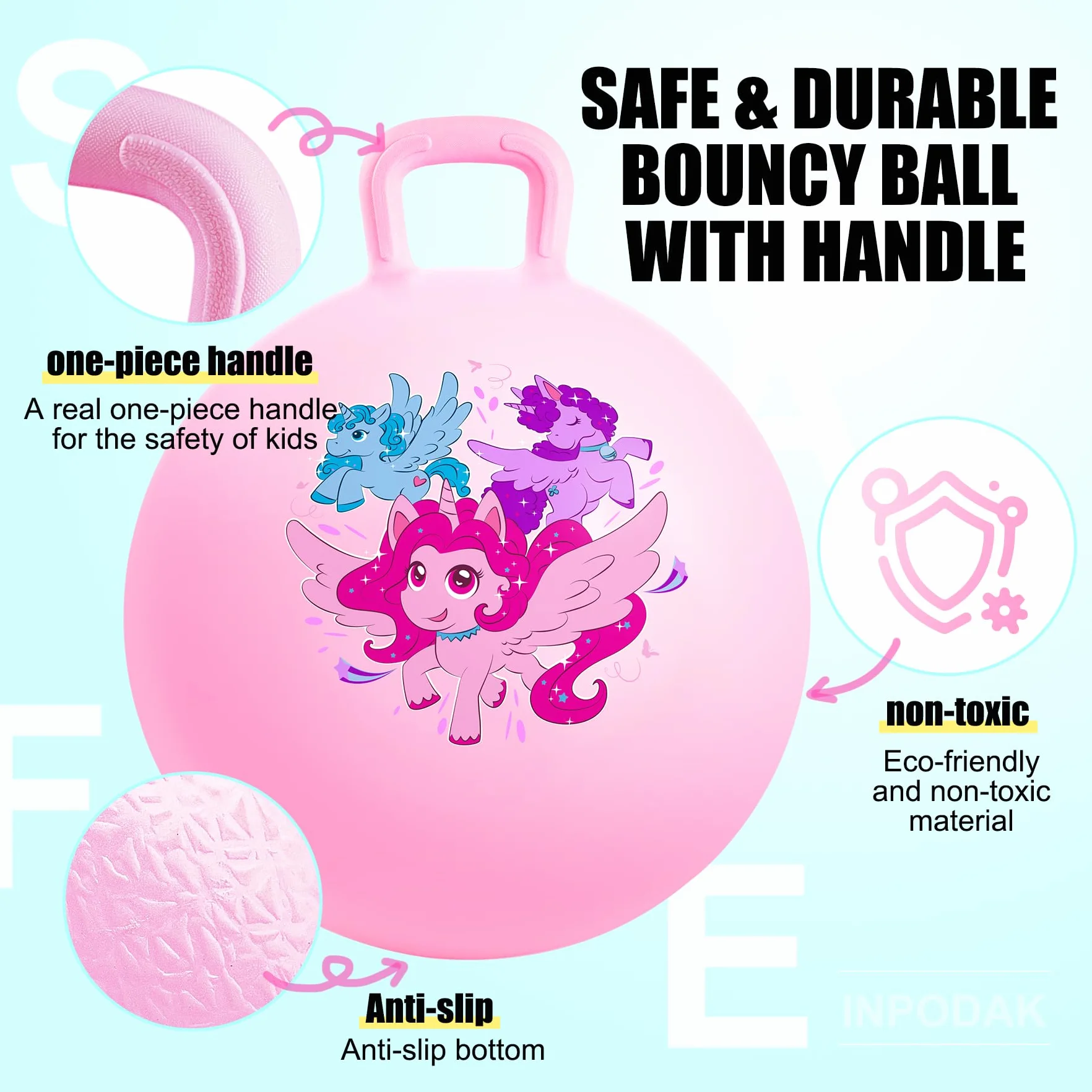 INPODAK Balle Sauteuse 45cm avec Poignée Jouet Sauteur Enfants 3-8 Ans Licorne Rose