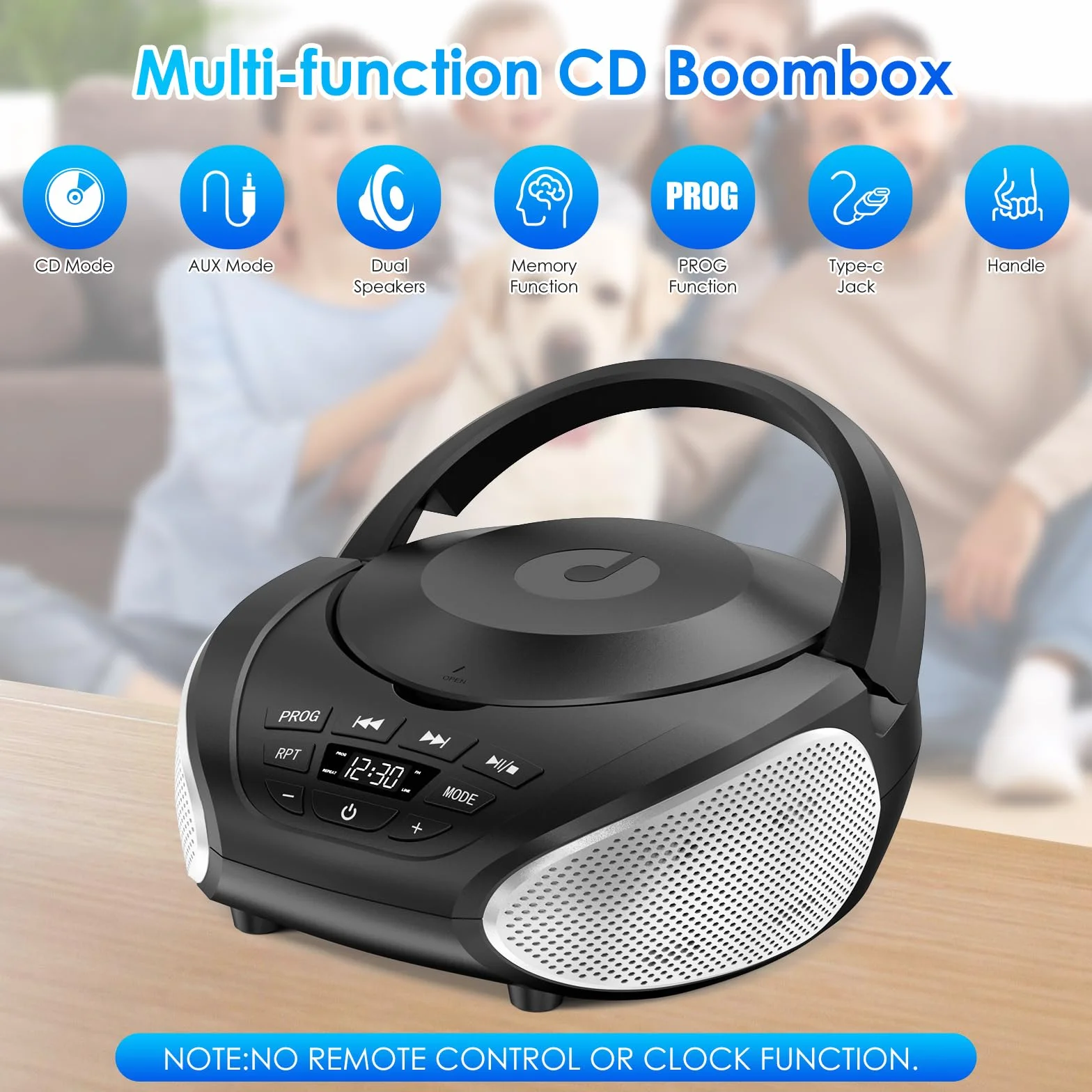 Lecteur CD Portable Boombox Radio FM Stéréo avec Entrée AUX 3,5 mm Jack Casque Écran LCD Noir Argent
