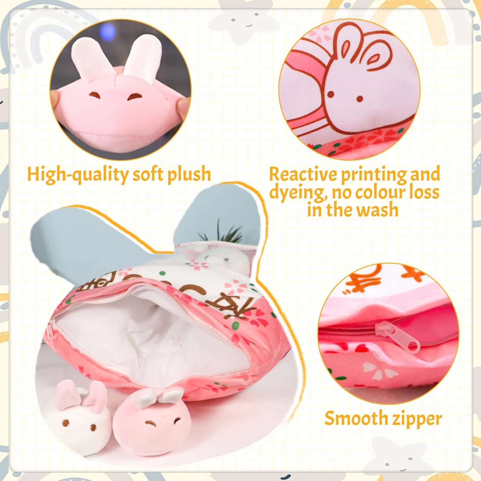 MeHoo Coussin Peluche Kawaii Mignonne Lapin Design Zippé Amovible