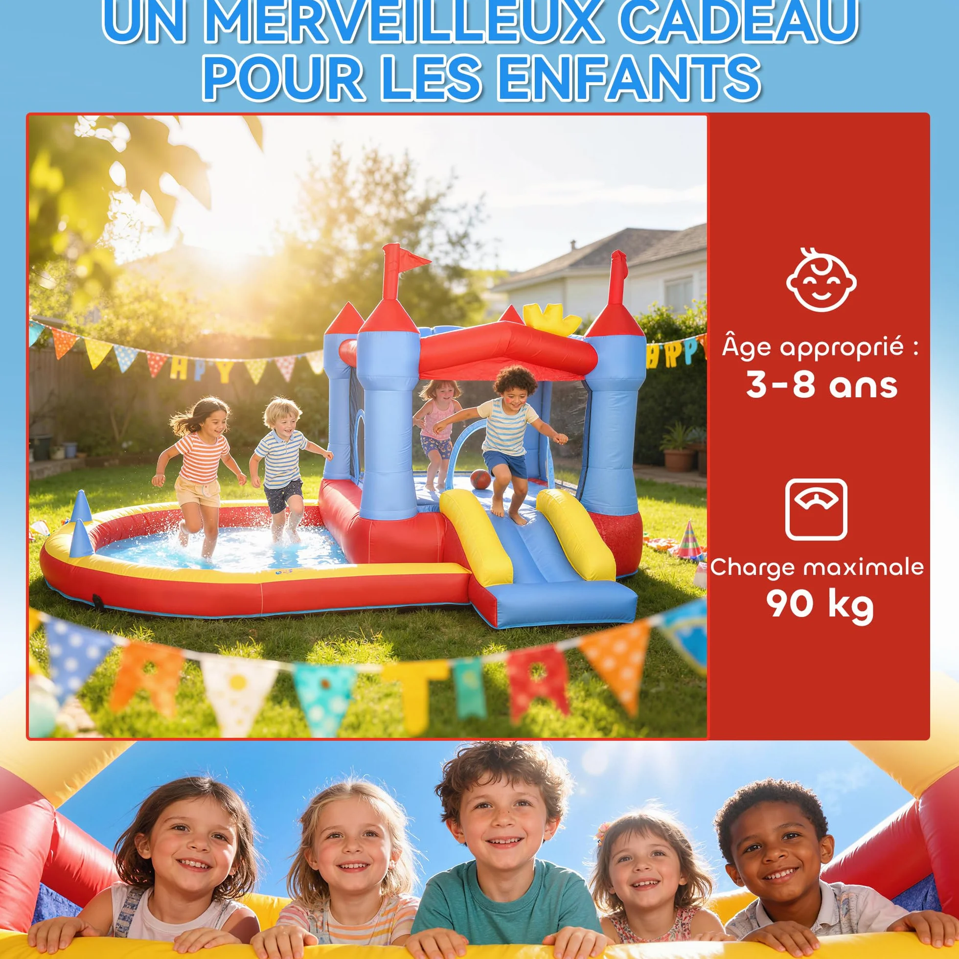 AIYAPLAY Château gonflable avec souffleur, parc aquatique, toboggans, trampoline, piscine à balles, 342x255x209cm
