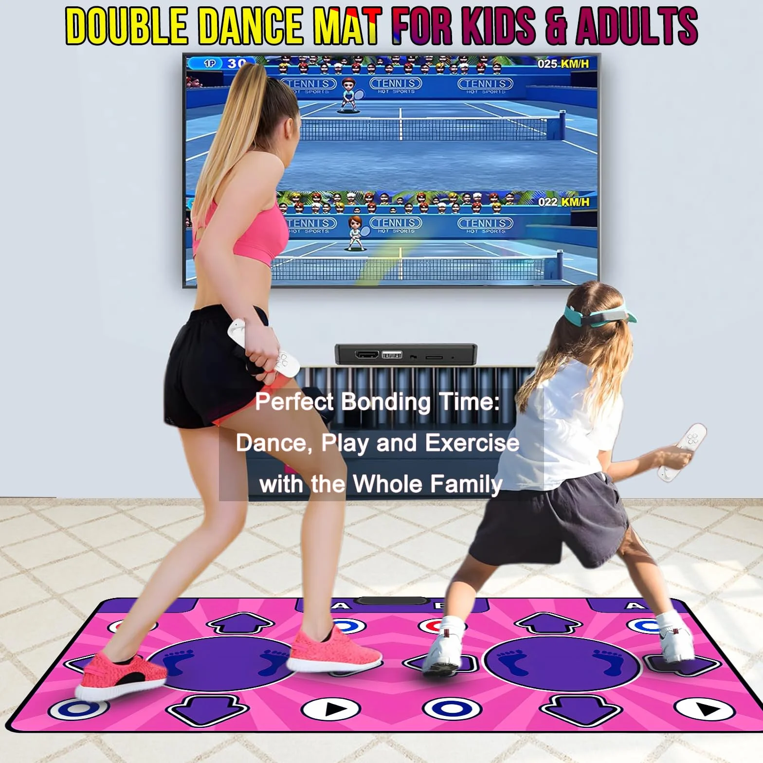 Tapis de Danse Interactif Double pour Enfants avec Connexion HDMI, Antidérapant, Plus de 100 Jeux & Télécommandes sans Fil