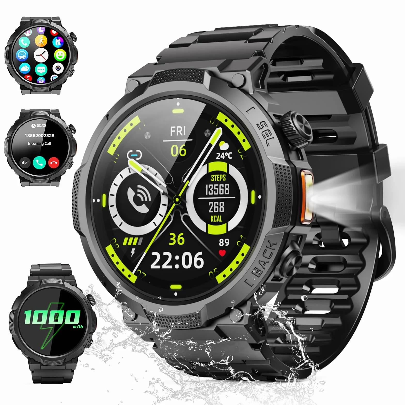 Soudorv Montre Connectée Homme Militaire Smartwatch LED Lampe 1000mAh 1.53" HD Appels Bluetooth Fréquence Cardiaque Sommeil Etanche IP68 Noir