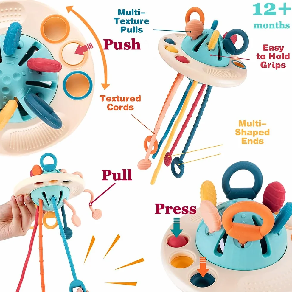 Jouets Montessori Bébés 6-12-18 Mois, Jouet Bebe 1 an, Jeux Motricité Multisensorielle Corde à Tirer Silicone