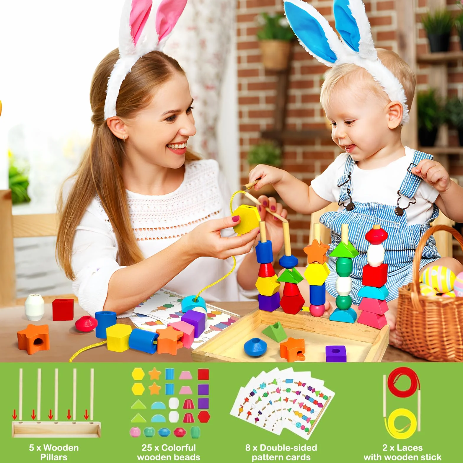 Jeux Montessori 3 en 1 Jouets de Perles de Laçage en Bois, Empilable et Enfiler, Tri, Éducatif 2-5 Ans