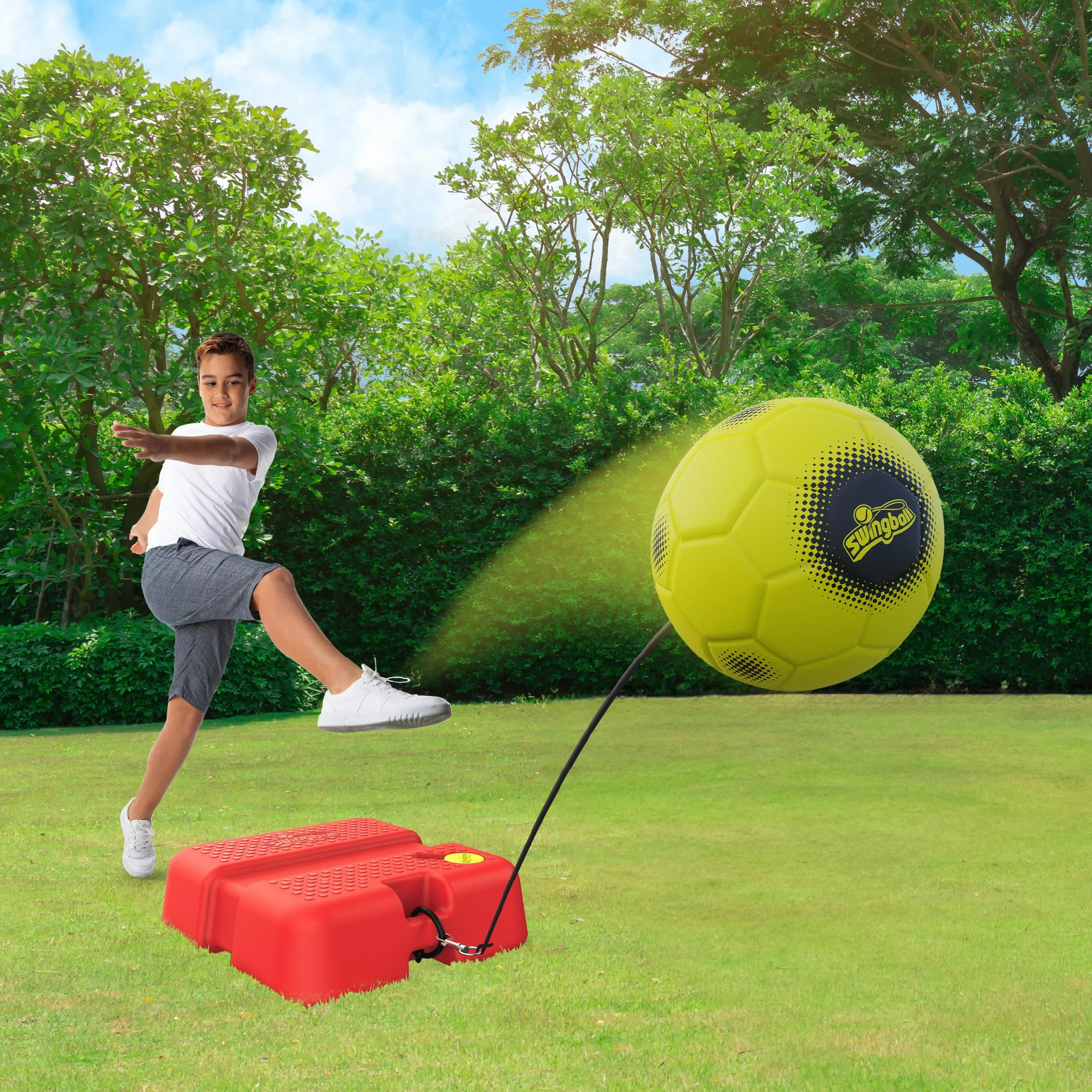 Swingball Reflex Soccer Jeu de Foot Solo ou Duo Ballon Taille 4 Corde Élastique Base à Lester Bobine Ajustable Pompe Incluse