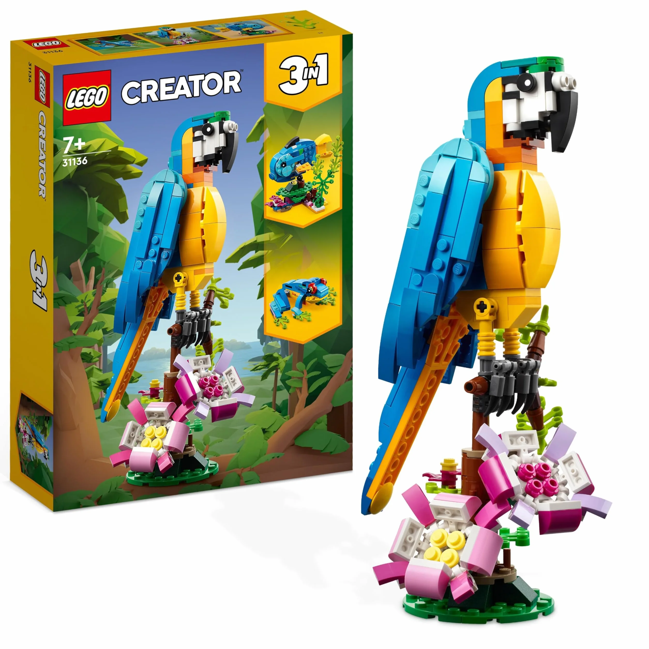 LEGO 31136 Creator 3-en-1 Le Perroquet Exotique Jouet de Construction Figurines Animaux de la Jungle