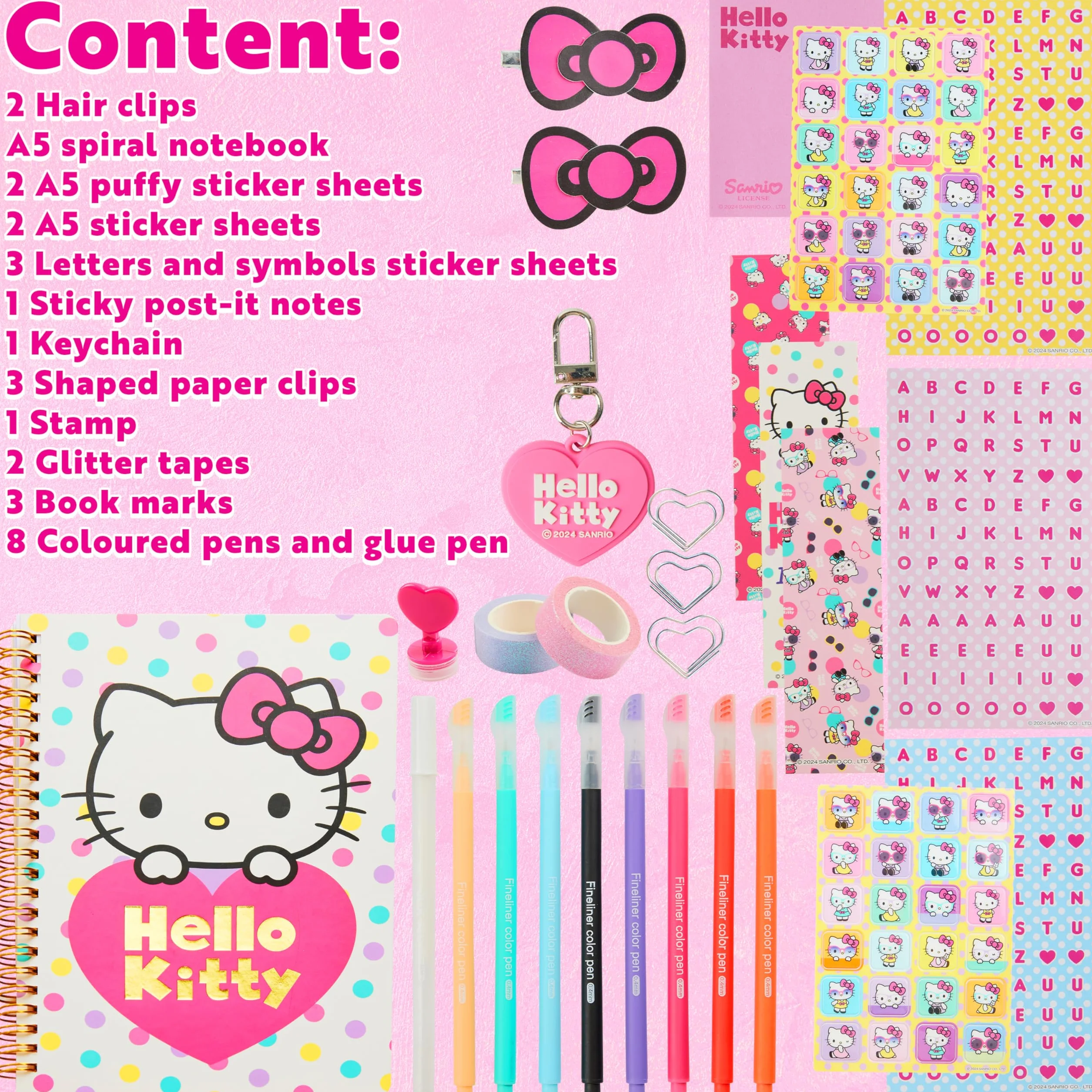 Hello Kitty Journaling Kit DIY pour Fille et Ados, Carnet A5, Autocollants, Porte Clés, Notes Autocollantes (Rose)