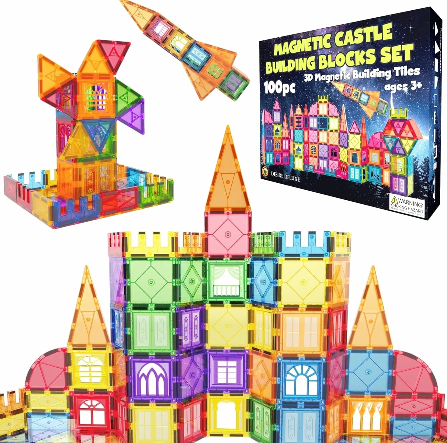 Desire Deluxe Jeux de Construction Magnétiques 100 PCS Tuiles et Blocs Magnétiques Enfants Jouet Éducatif STEM 3+ Ans