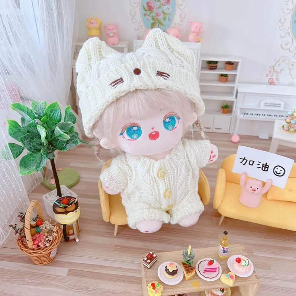 niannyyhouse Vêtements de poupée en peluche 20 cm, chapeau chat, grenouillères laine, accessoires