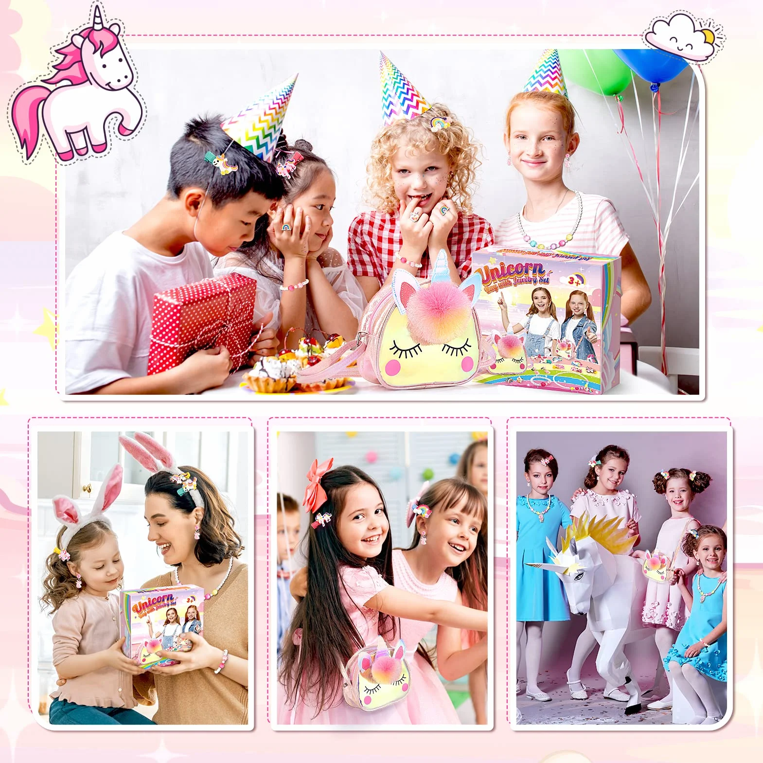 Hapikids Sac à Main Bijoux Enfants Fille Unicorn Collier Bracelet Boucle d'oreille Bagues Kit Cadeau 2-6 Ans
