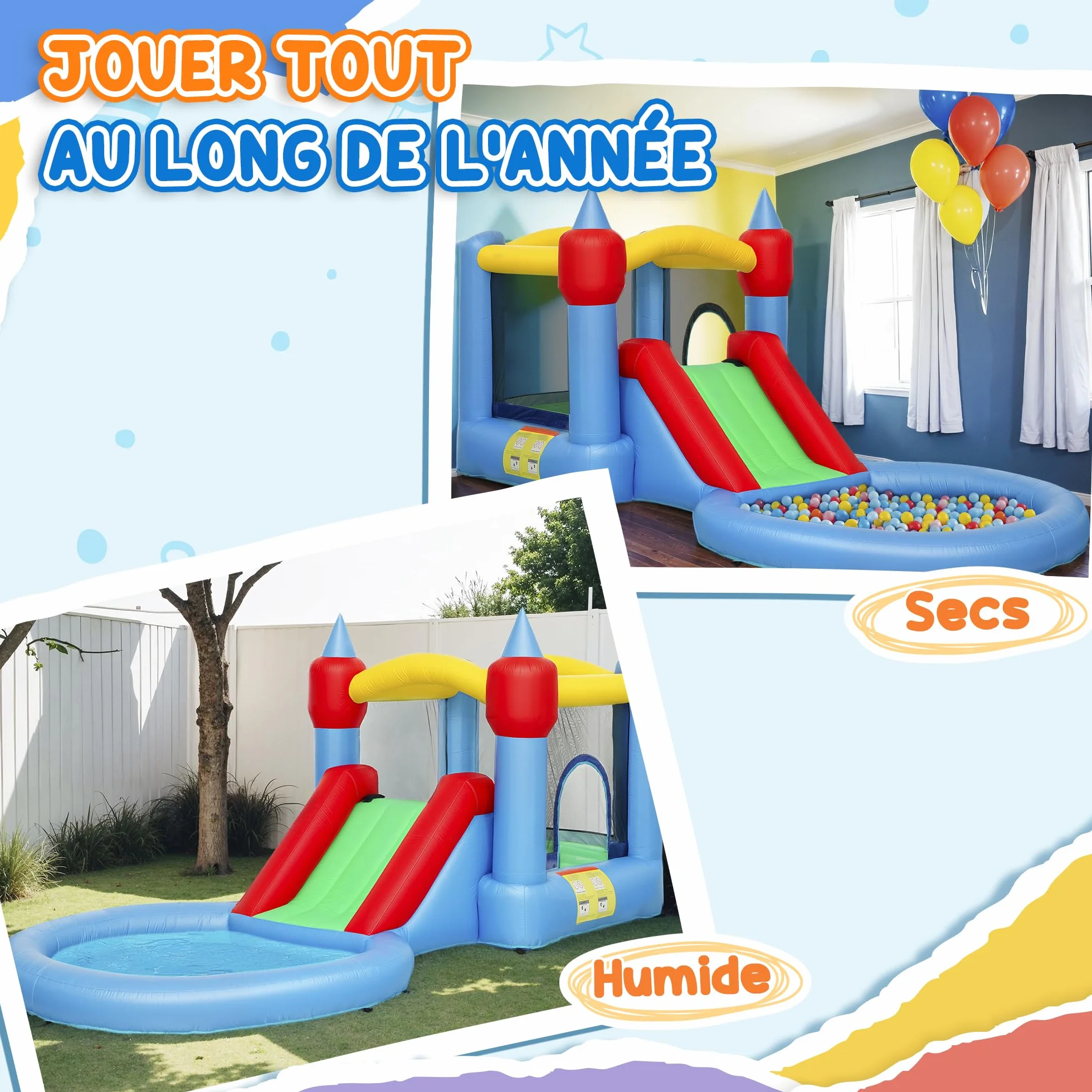 AIYAPLAY Château Gonflable 4 en 1 avec Toboggans, Trampoline, Panier de Basket, Piscine à Balles, pour Enfants 3-8 Ans