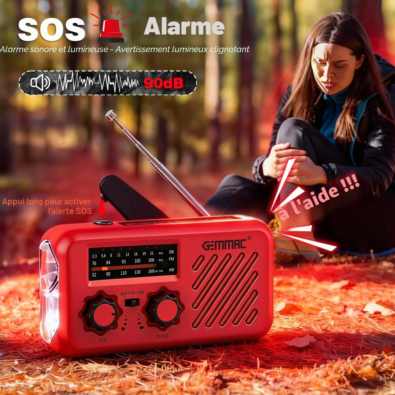 Radio d'urgence Multifonction 3 en 1 Gemmac 2000mAh Powerbank USB Recharge Solaire Dynamo LED Lampe Torche Alarme SOS AM/FM/SW Camping