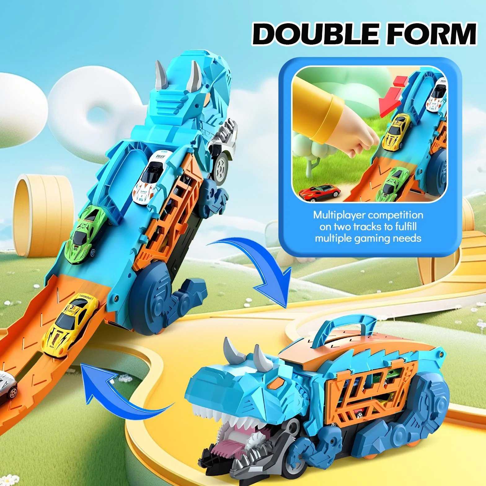 Pardofelis Camion Transporteur Voiture Dinosaure Jouet Portable avec Piste de Course Éjectable 10 Mini Voitures pour Enfants 3-6 Ans Garçons Cadeau