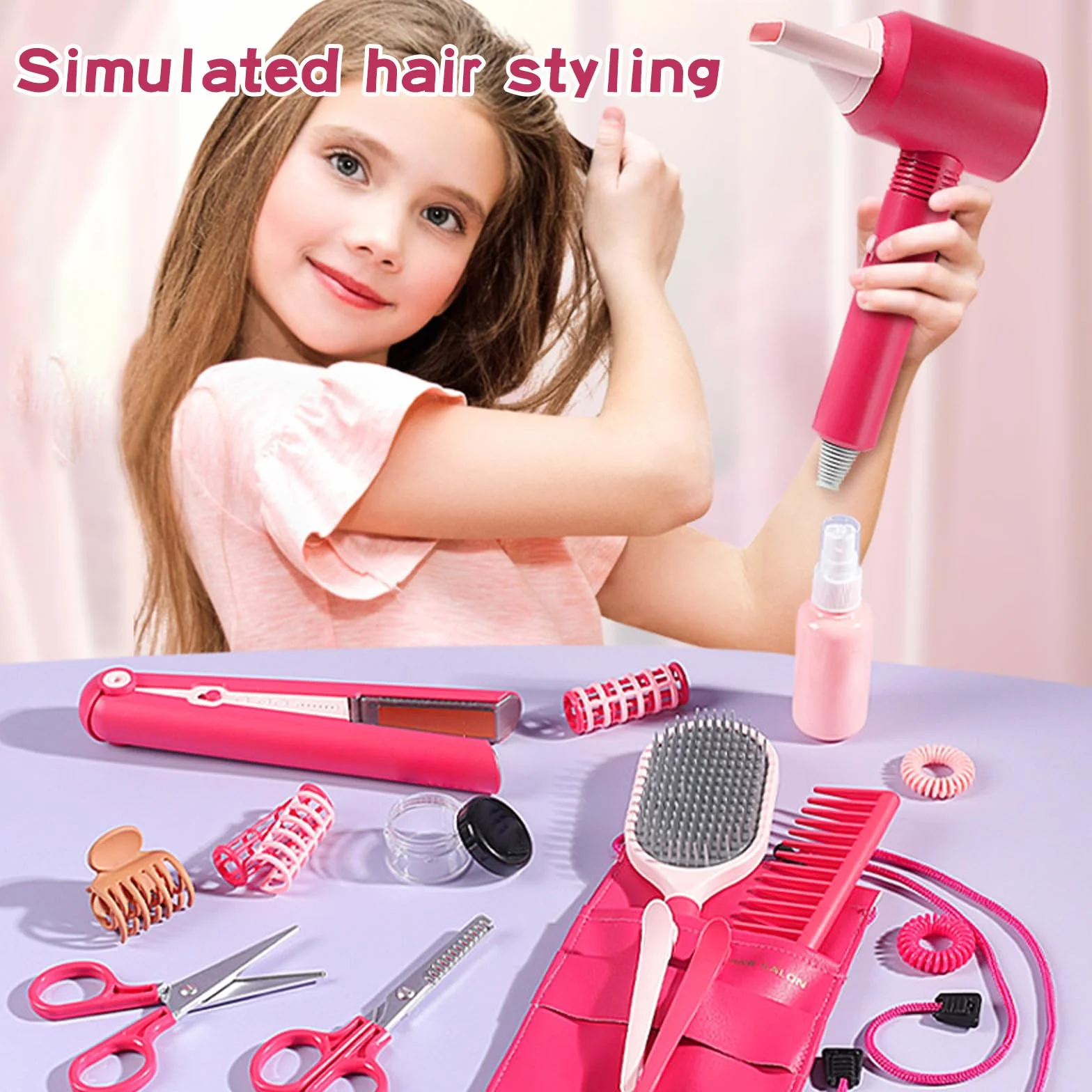 Ensemble de Salon de Beauté 22 Pièces Kit Coiffure Enfants Jouets Simulation Coiffeur 3+ Ans
