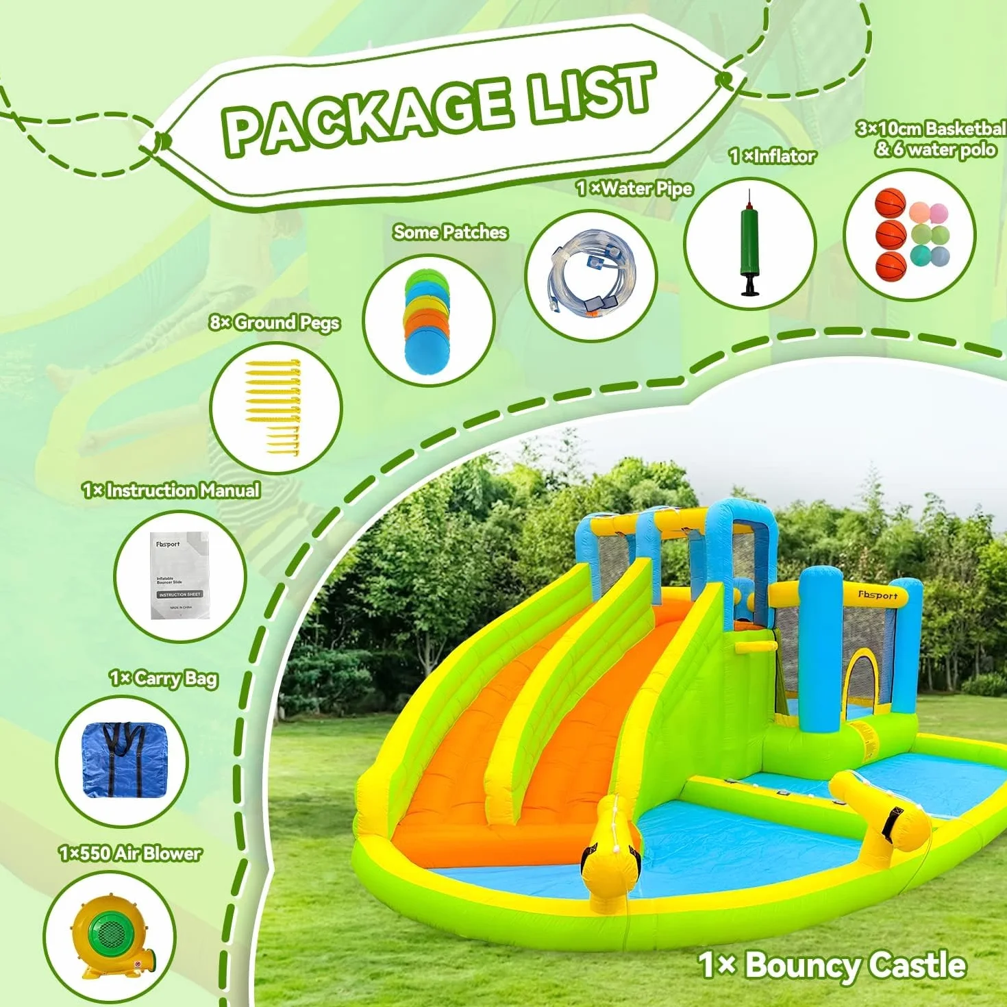 FBSPORT château Gonflable Enfant avec souffleur Aire de Jeux Gonflable Adulte Grand Piscine