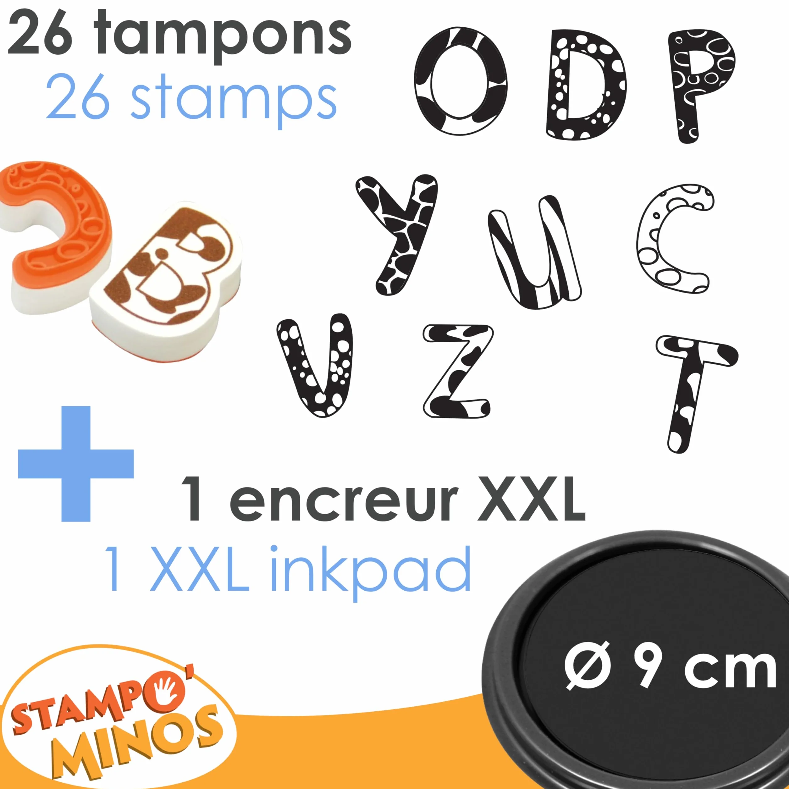Aladine Stampominos 26 Tampons Lettres Alphabet avec Encreur Encre Lavable pour Enfant dès 4 Ans