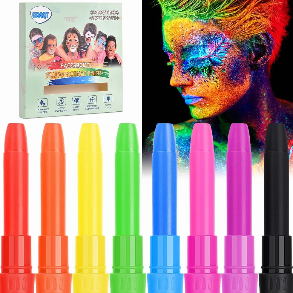 Crayons de Peinture Fluo Fluorescents UV 8PCS, Crayons Lumineux pour Visage Corps Maquillage Enfants Adultes Halloween