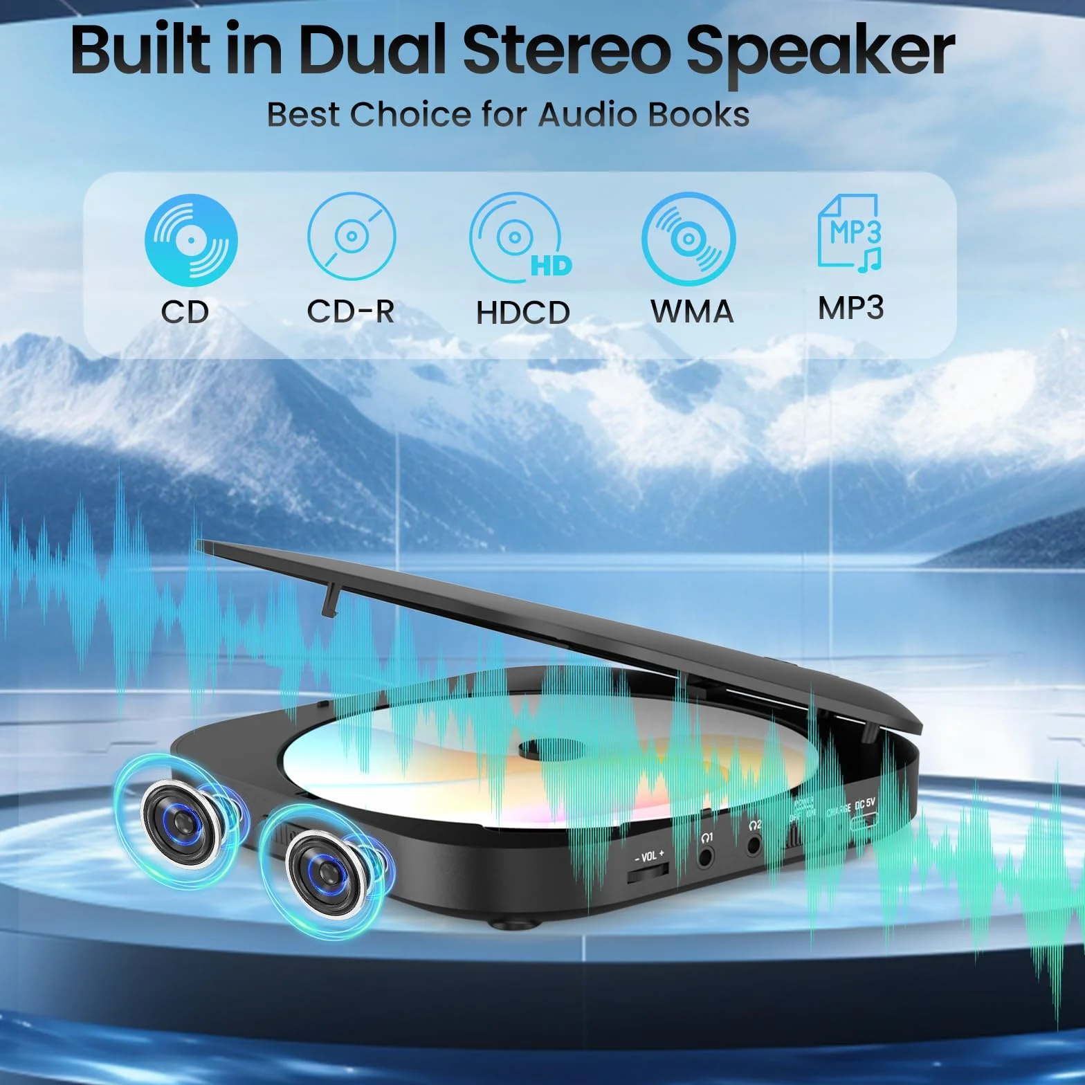 Lecteur CD Portable Bluetooth Rechargeable Discman FM Haut-parleurs Stéréo Anti-Saut