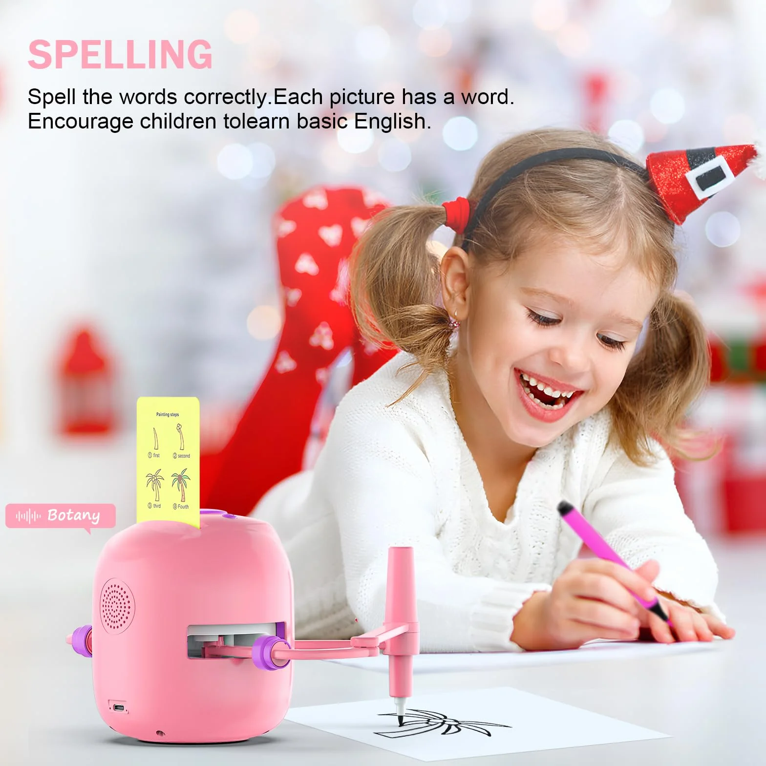 Drawing Robot for Kids Montessori Educational Painting Toy 5+ Voice Interaction 16 Color Pens 100 Learning Word Cards Gift 5+ Year Old Boys Girls Pink