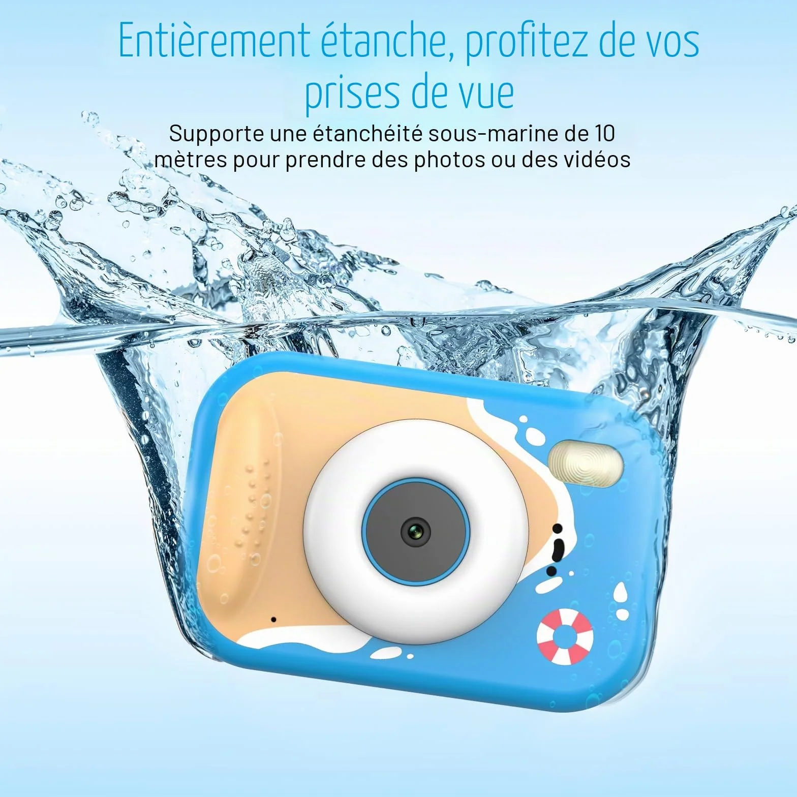Appareil Photo Enfant Étanche 48MP 1080P Caméra sous-Marine 2,4 Pouces LED Flash Carte TF 32 Go Bleu