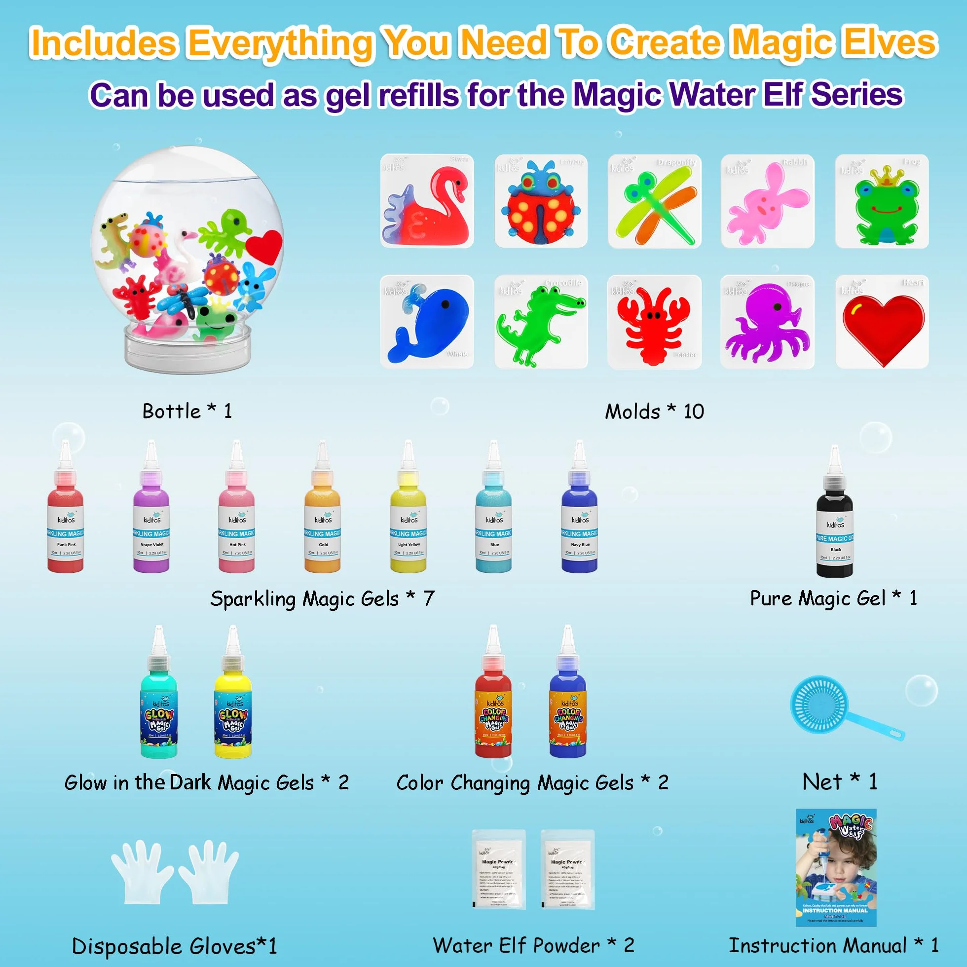 Kiditos Kit de création de jouets lutins en eau magique lumineux dans l'obscurité changement de couleur 12 gels 10 moules pot avec couvercle