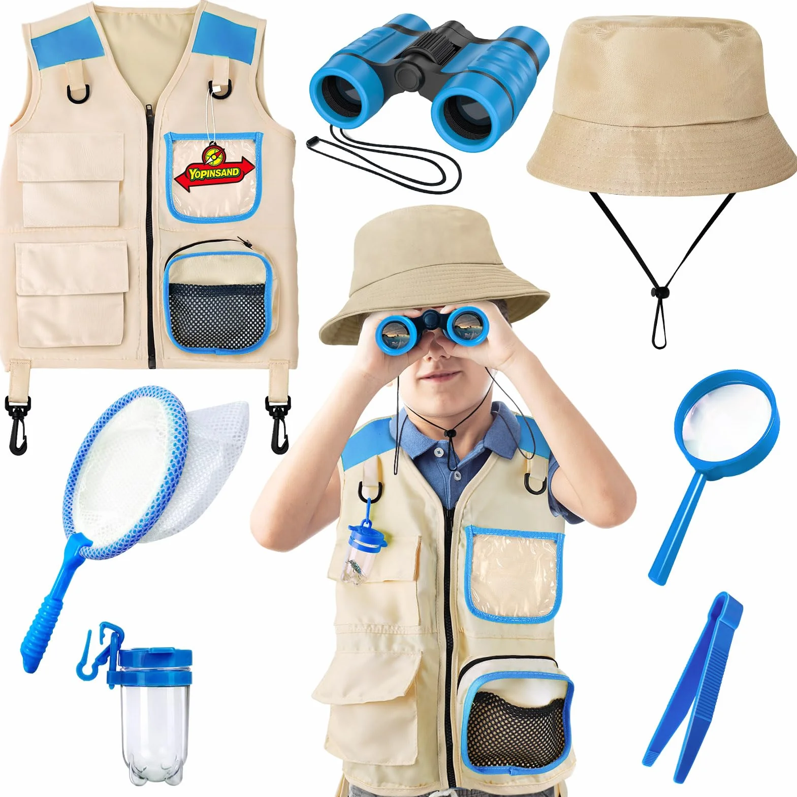Kit d'exploration pour enfants avec gilet de safari, chapeau et jumelles, piège à insectes