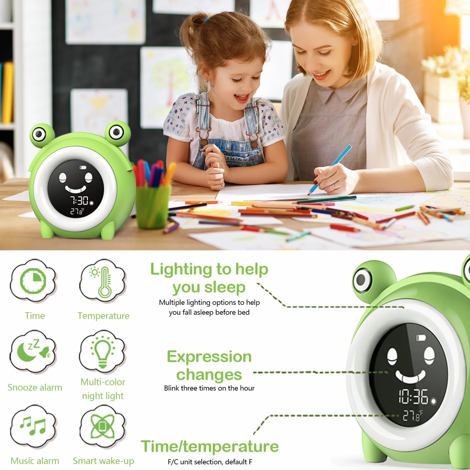 Réveil Enfant Éducatif Jour Nuit avec Emoji, Lampe de Chevet LED 5 Couleurs, Musique, Température, Snooze pour 2-10 Ans