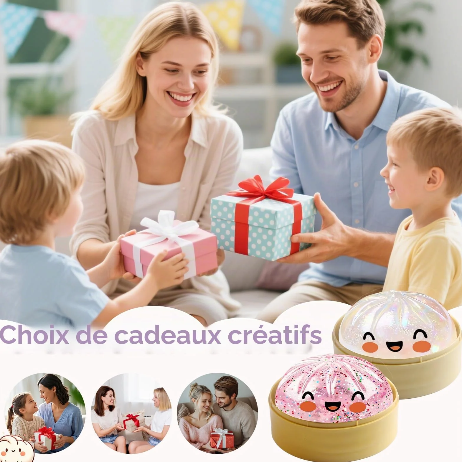 Géant Paillettes Squishys Ravioli Anti-Stress Presser avec Cuiseur Vapeur, Jouets Anti-Stress pour Enfant Adulte Rose Transparent