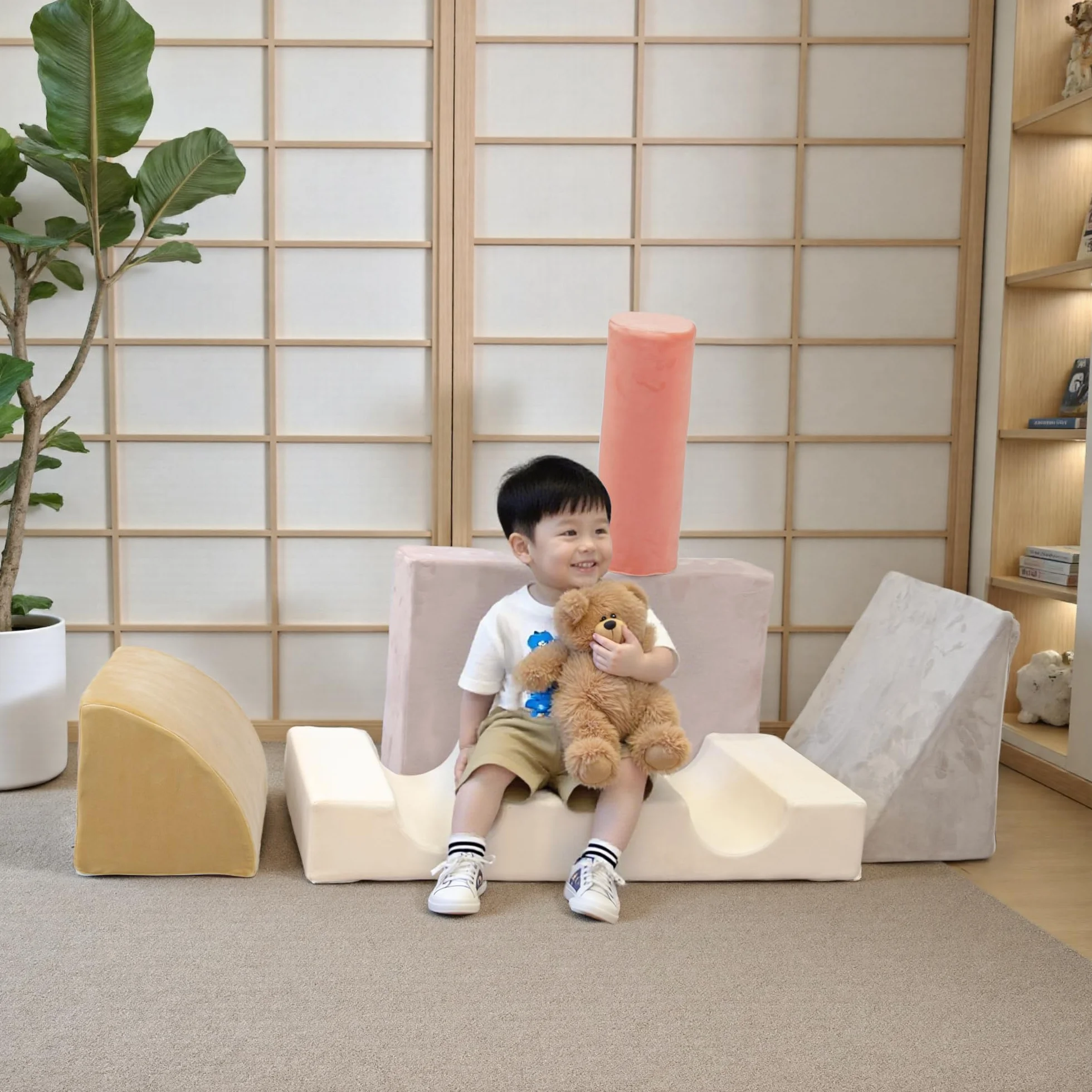 BanaSuper Parcours Motricité Bébé Pliable, 5 Modules en Mousse Douce, Tapis de Jeu & Blocs d'Escalade, Rose