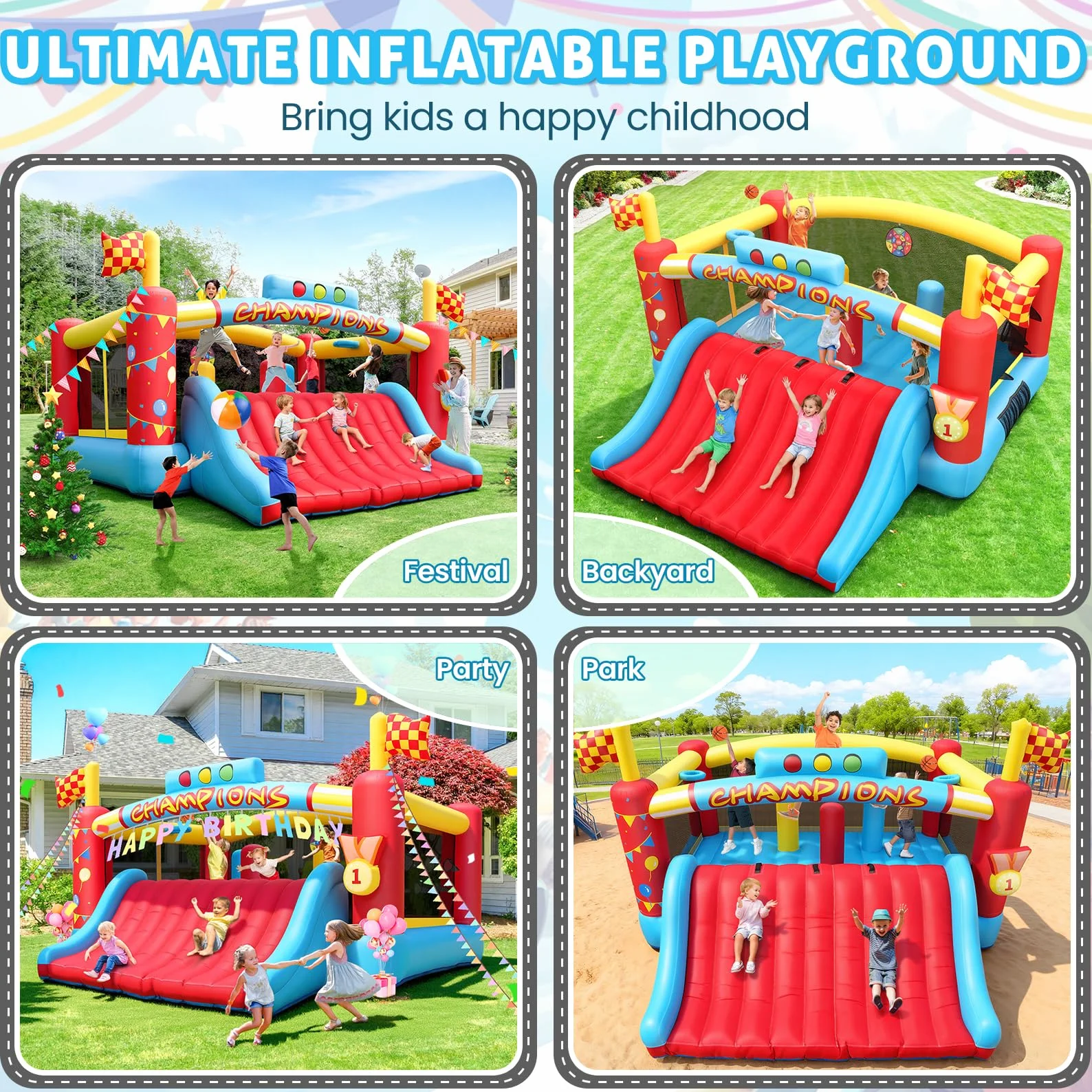 AKEYDIY Grande Château Gonflable pour Enfants avec Toboggan et Souffleur