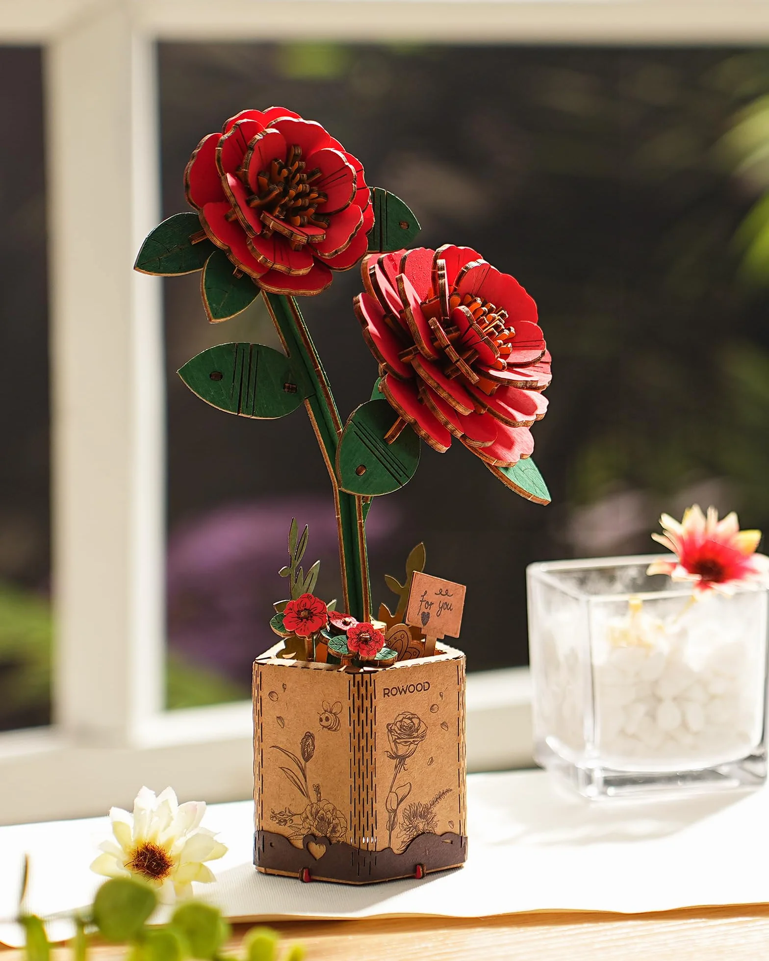 rowood Puzzle 3D Fleur en Bois Kit de Modélisation de Fleurs Artificielles à Assembler pour Adultes (Red Camellia)