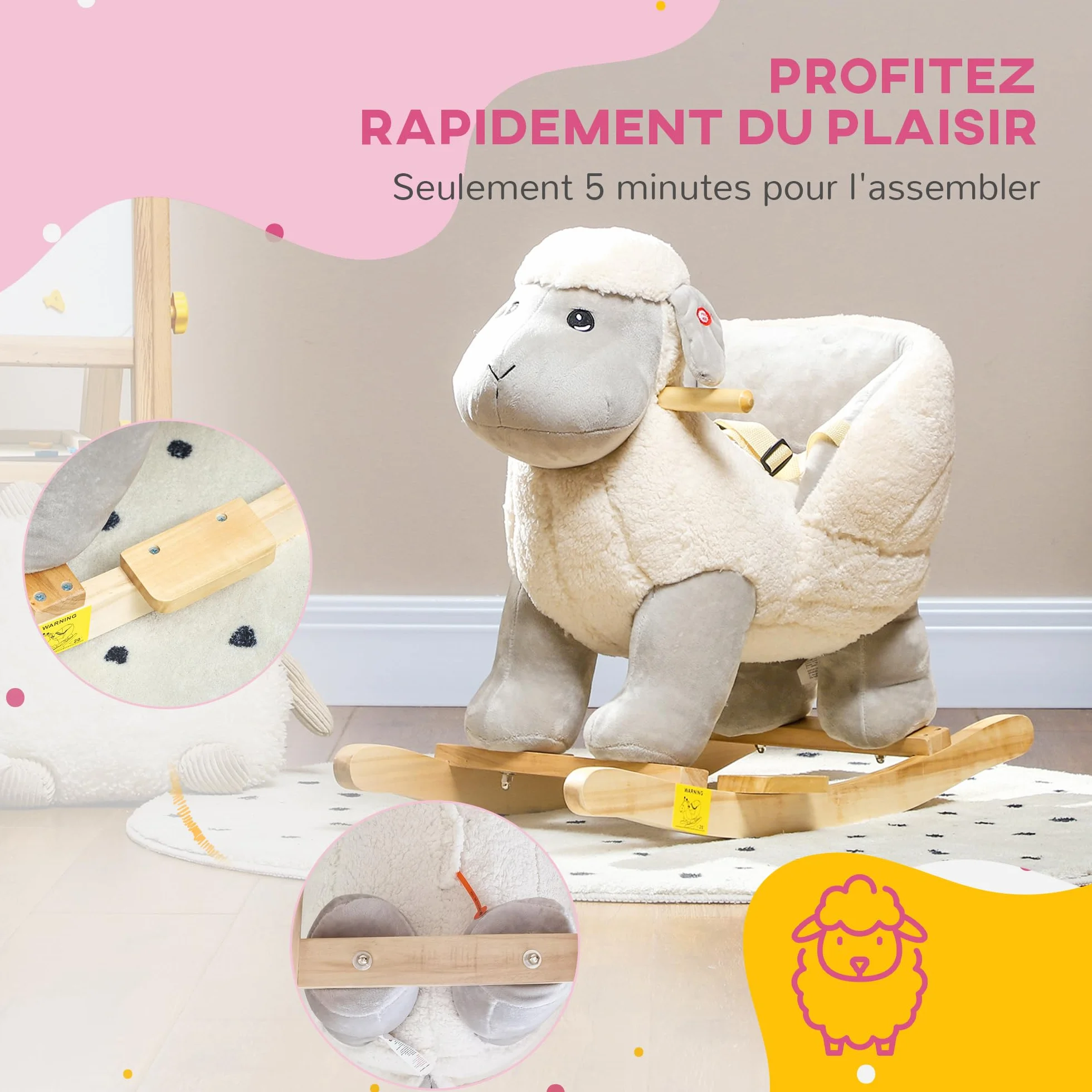 AIYAPLAY Cheval à Bascule pour Enfant, Jouet à Bascule en Peluche Agneau, 68 x 35 x 55 cm, Gris