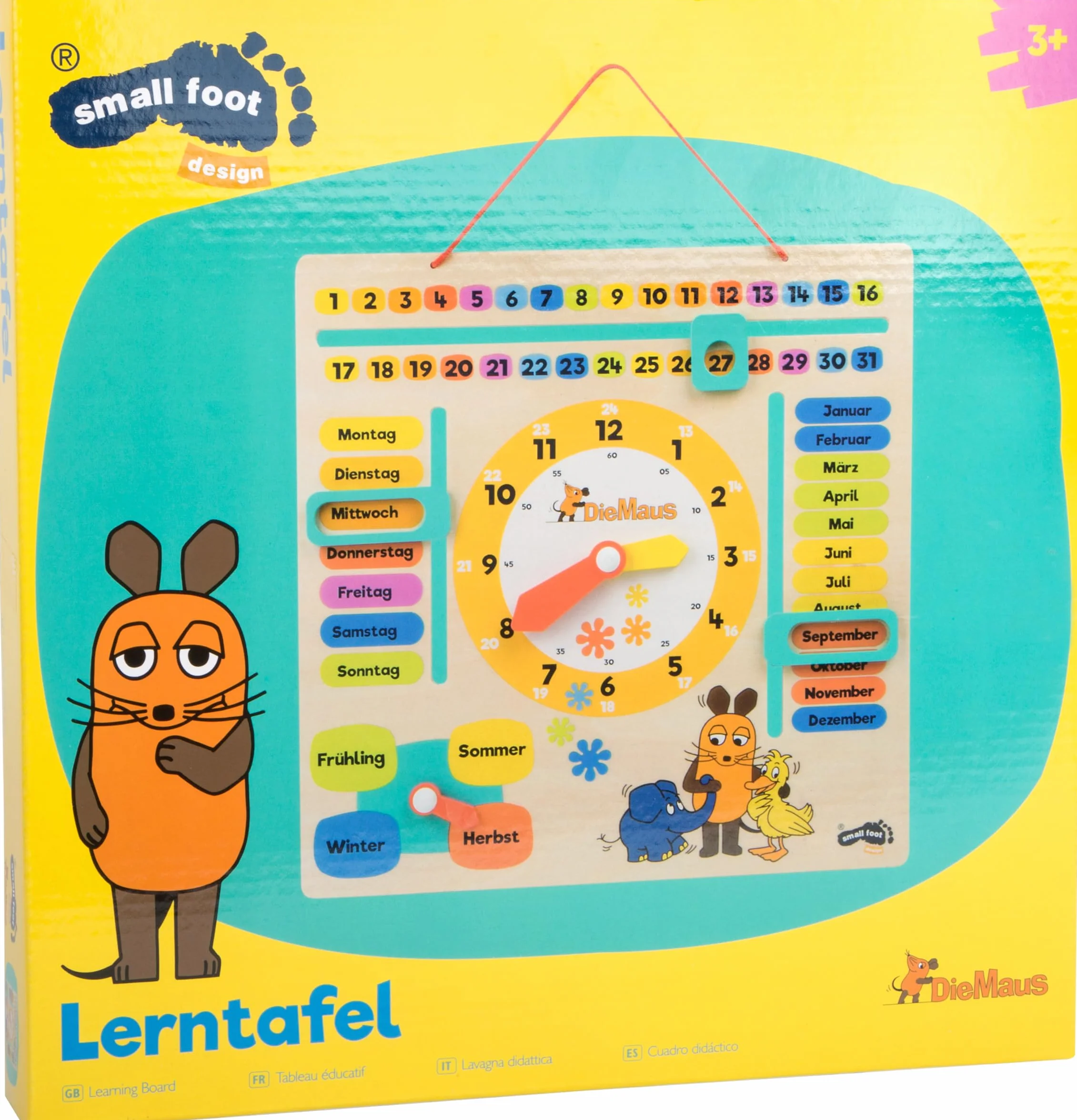 Small Foot Horloge Éducative avec Calendrier Die Maus en Bois Date Saisons Heure