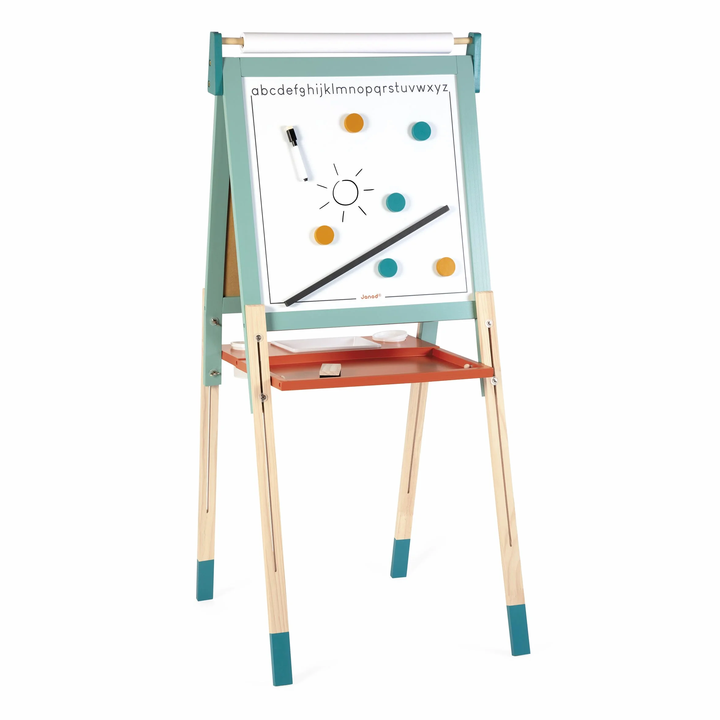 Janod Tableau Chevalet Double Face en Bois Réglable en Hauteur Ardoise Blanche Magnétique + Craie + Rouleau Papier 23 Accessoires Dès 3 Ans