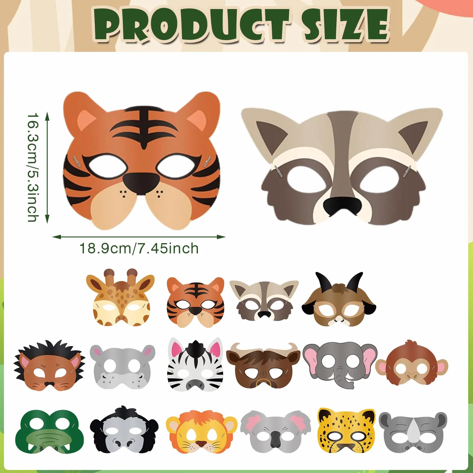 Masque Animaux Enfant 16 Pièces Jungle avec Corde Élastique Anniversaire Halloween Carnaval